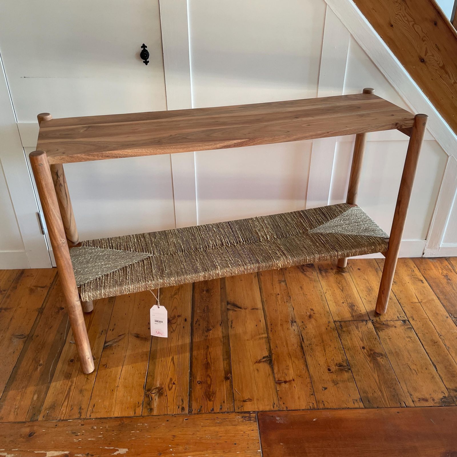 photo for sale Graham & Green Wooden Sideboard Wrenley Console Scandi Woven Shelf Acacia Wood Entryway Bench Hall Table Handmade Woven Shelf