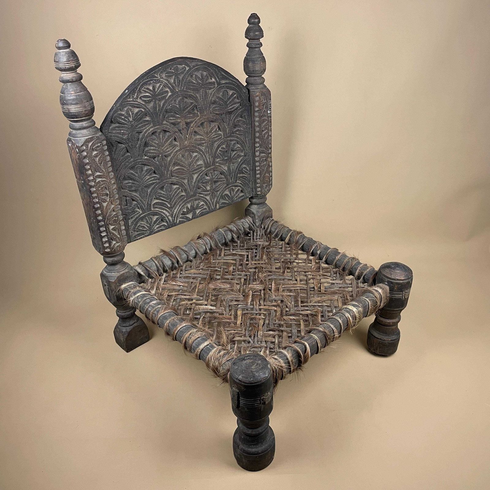 Indian Hand Carved Chair Low Wedding Seat Woven Cowhide Base Pidha Small Traditional Rajasthan India Rustic Late 19th   Early 20th Century photo vinterior