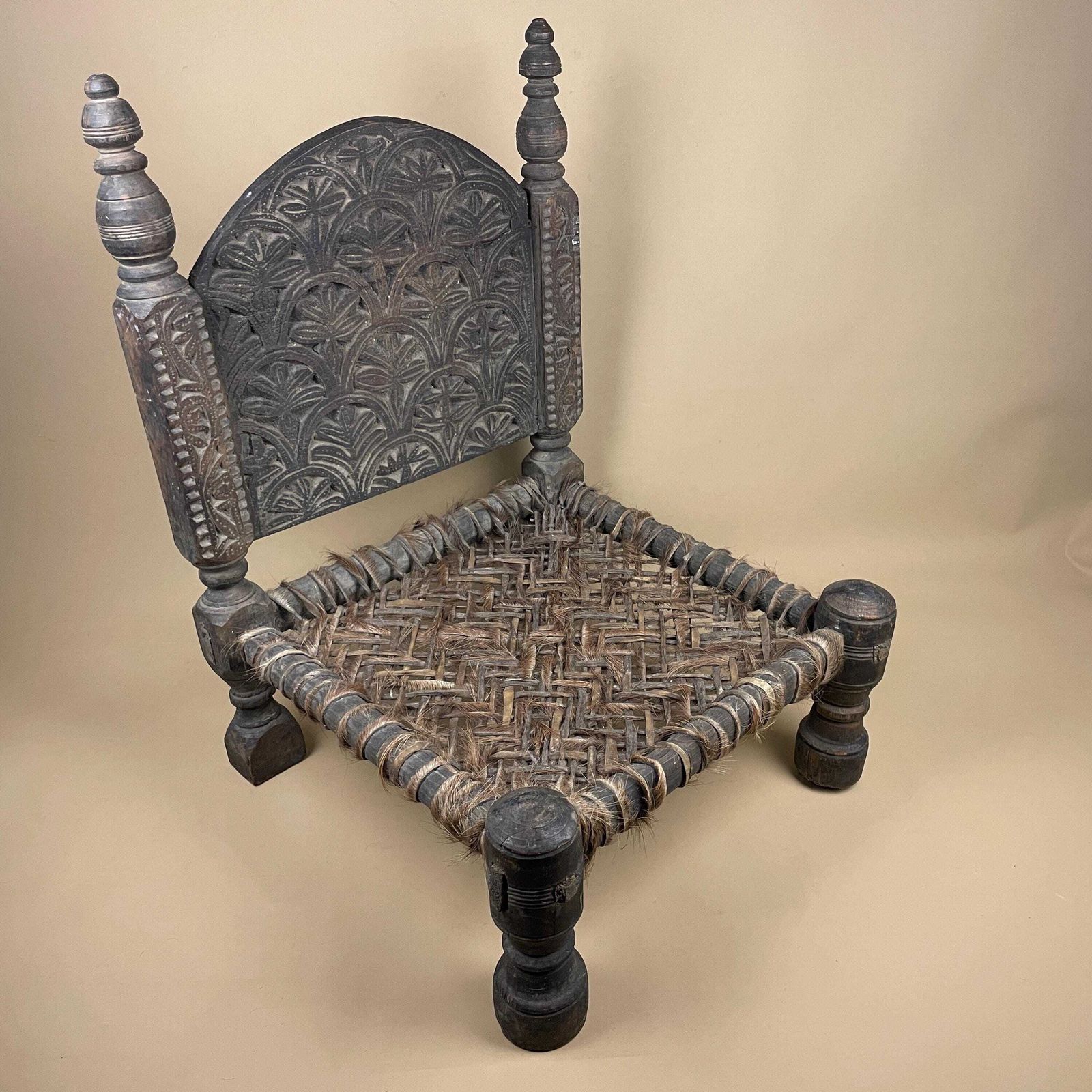 Indian Hand Carved Chair Low Wedding Seat Woven Cowhide Base Pidha Small Traditional Rajasthan India Rustic Late 19th   Early 20th Century photo buy