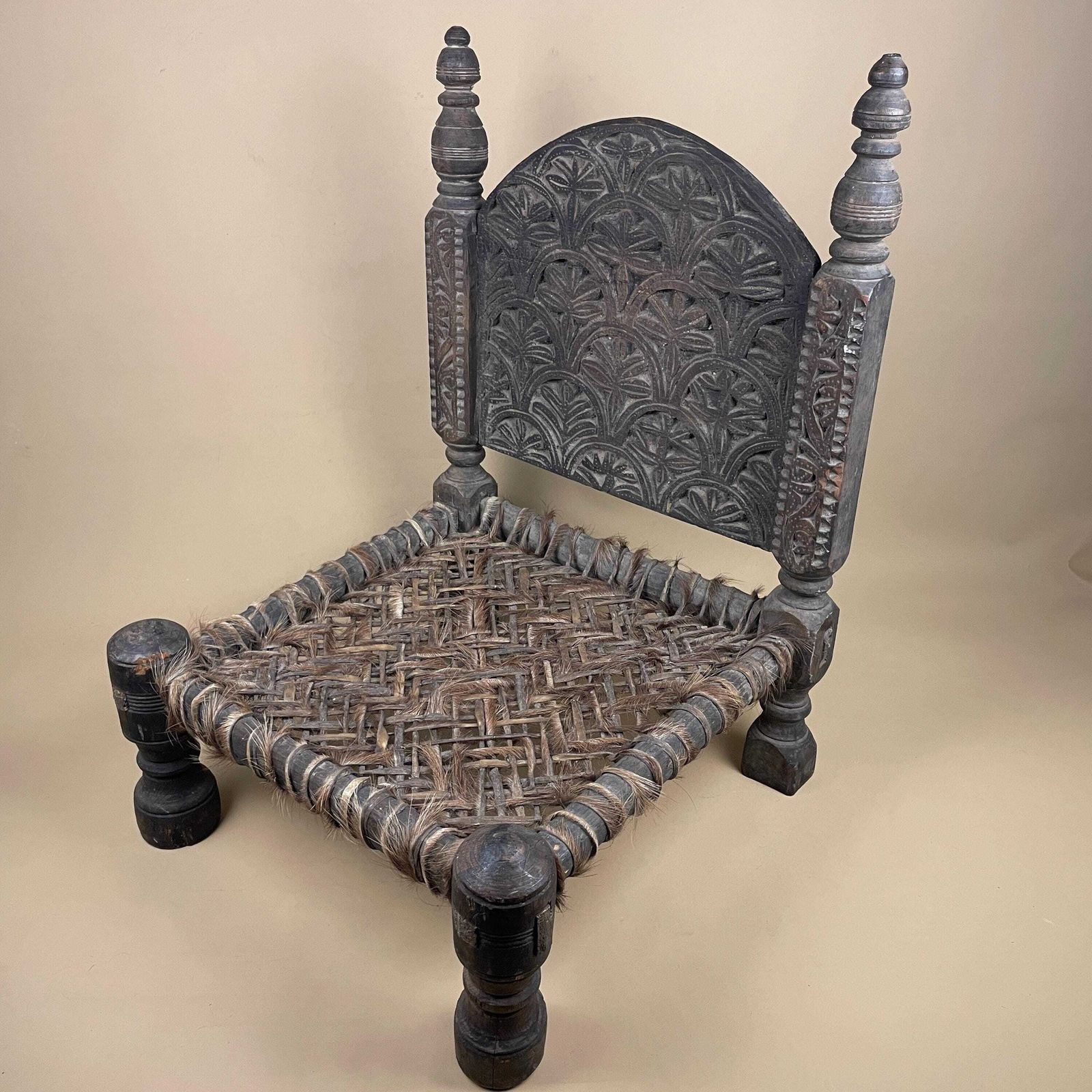 photo furniture Indian Hand Carved Chair Low Wedding Seat Woven Cowhide Base Pidha Small Traditional Rajasthan India Rustic Late 19th   Early 20th Century