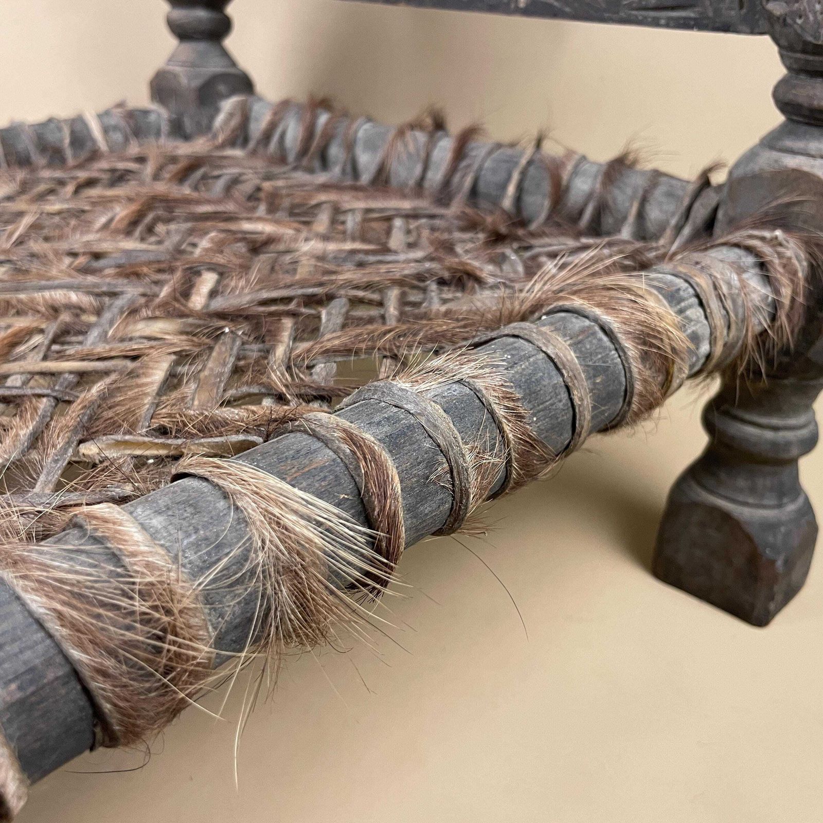 photo for sale Indian Hand Carved Chair Low Wedding Seat Woven Cowhide Base Pidha Small Traditional Rajasthan India Rustic Late 19th   Early 20th Century