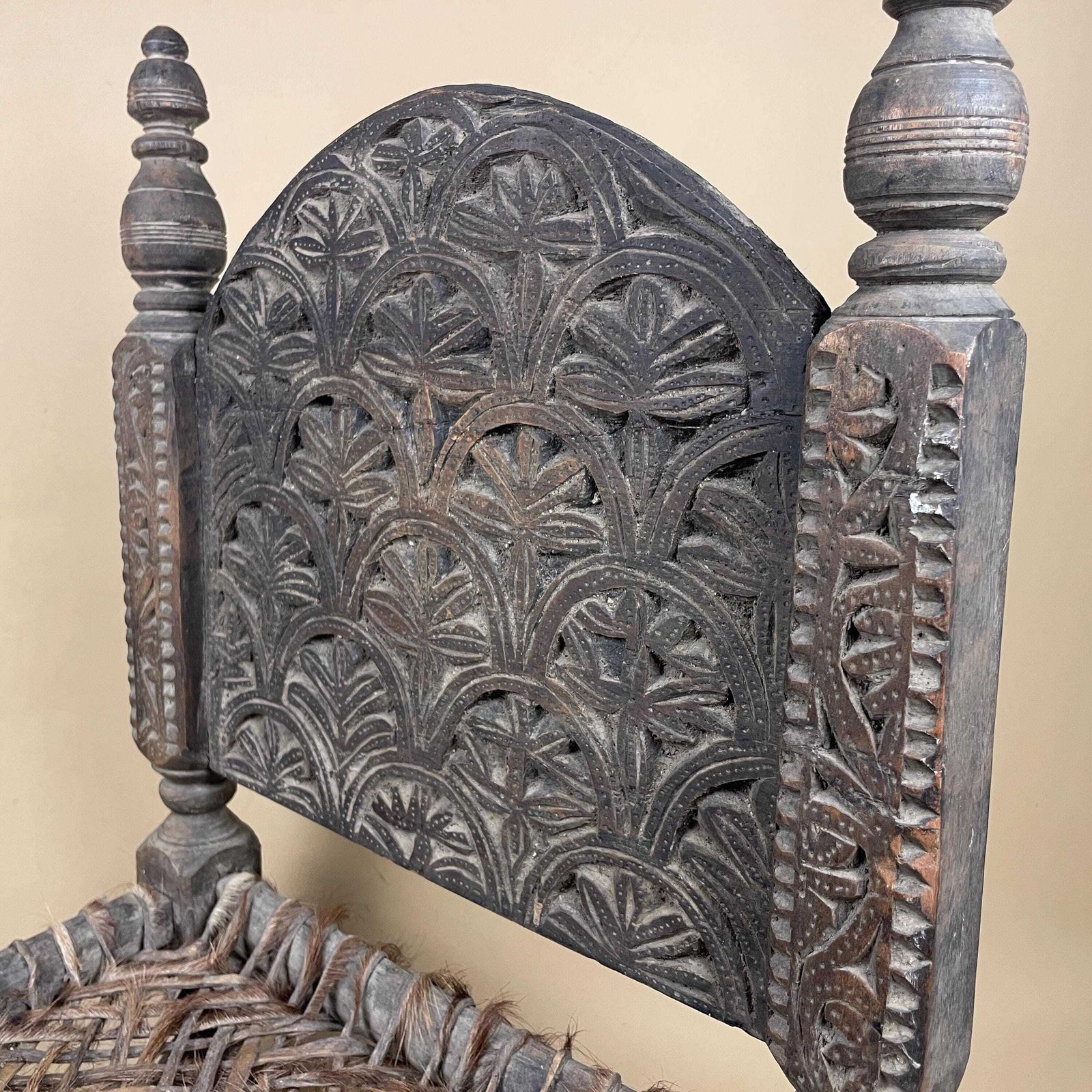 Furniture Indian Hand Carved Chair Low Wedding Seat Woven Cowhide Base Pidha Small Traditional Rajasthan India Rustic Late 19th   Early 20th Century photo