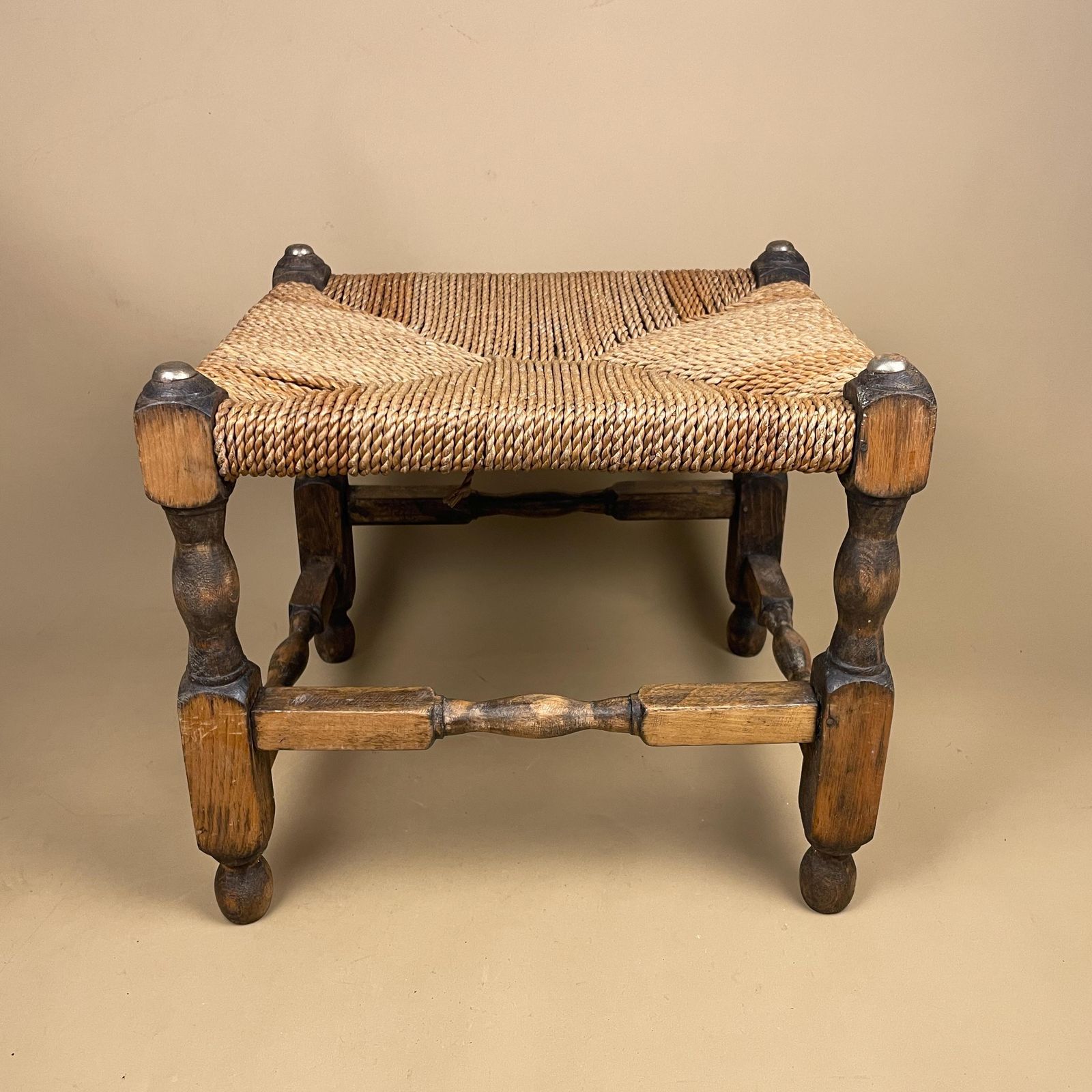 Wooden Foot Stool Woven String Wood Cottage Furniture Rectangle Brown Hallway Seat 31.6x35.5x30.5cm Footstool Bench Antique Vintage photo for sale