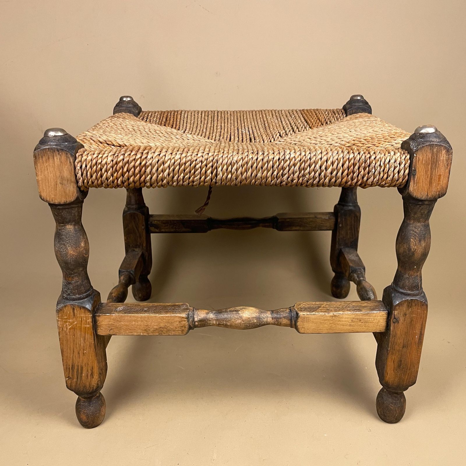 Wooden Foot Stool Woven String Wood Cottage Furniture Rectangle Brown Hallway Seat 31.6x35.5x30.5cm Footstool Bench Antique Vintage photo buy