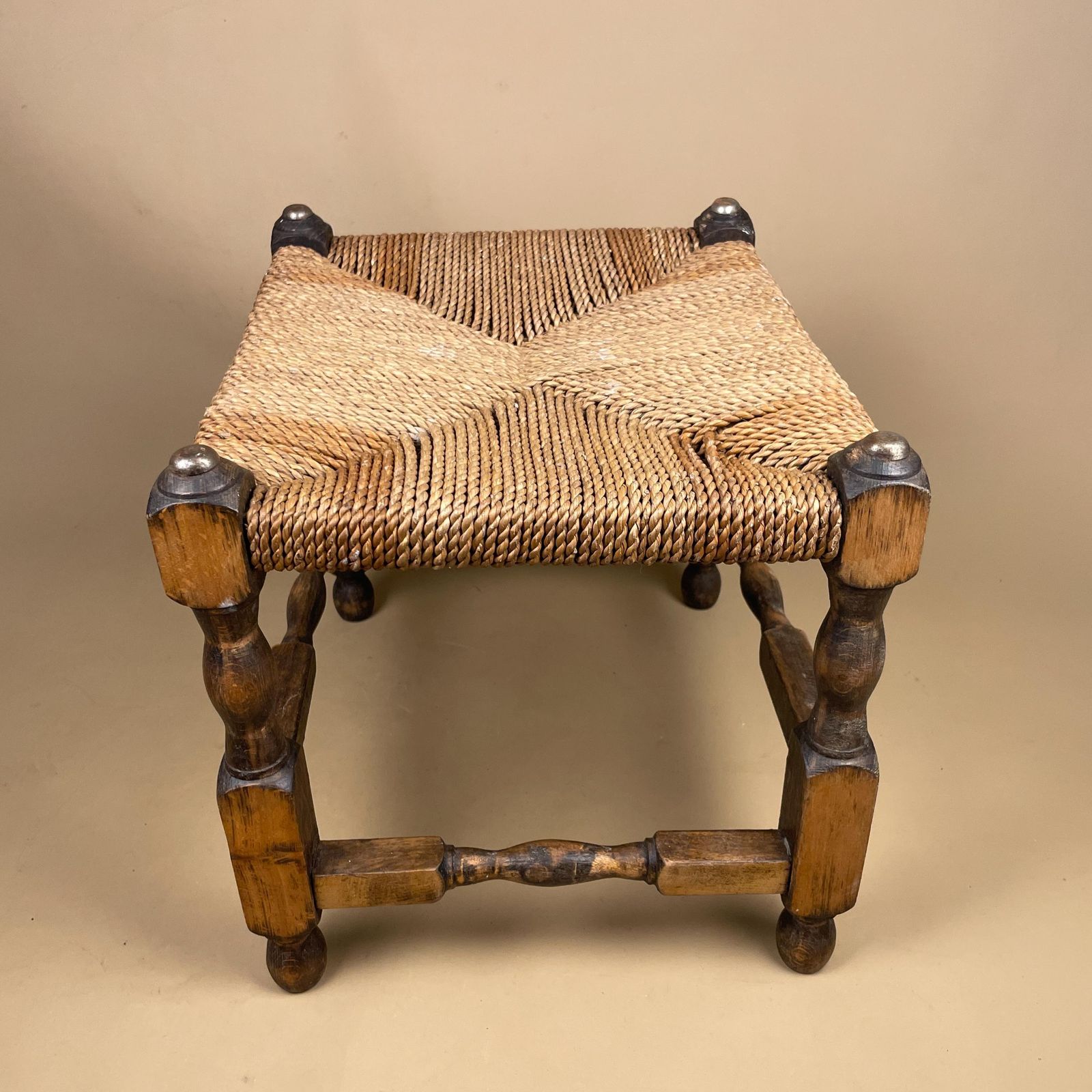 Wooden Foot Stool Woven String Wood Cottage Furniture Rectangle Brown Hallway Seat 31.6x35.5x30.5cm Footstool Bench Antique Vintage photo vintage