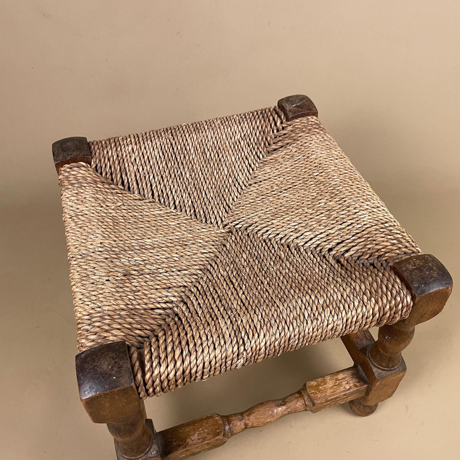 Wooden Foot Stool Woven String Wood Cottage Furniture Square Brown Hallway Seat 24.7x27x27cm Footstool Bench Antique Vintage photo for sale