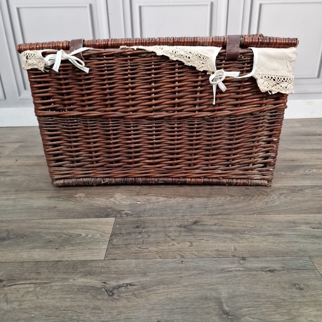 photo buy Vintage Wicker Storage Chest Lidded Basket Blanket Box Picnic Fishing Retro