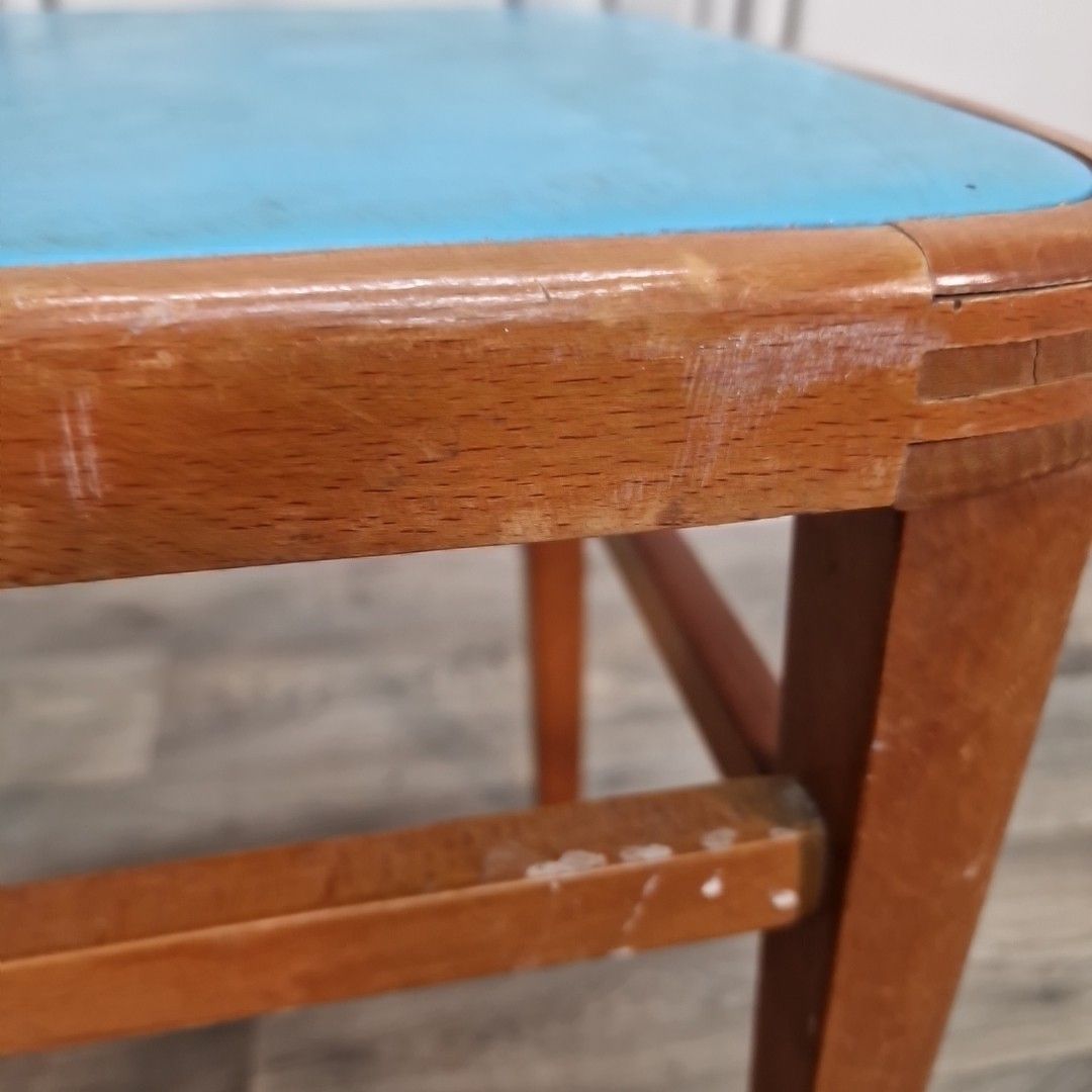 photo vinterior Vintage Bentwood Dining Chair Blue Vinyl Seat Retro Wood Kitchen Mid Century