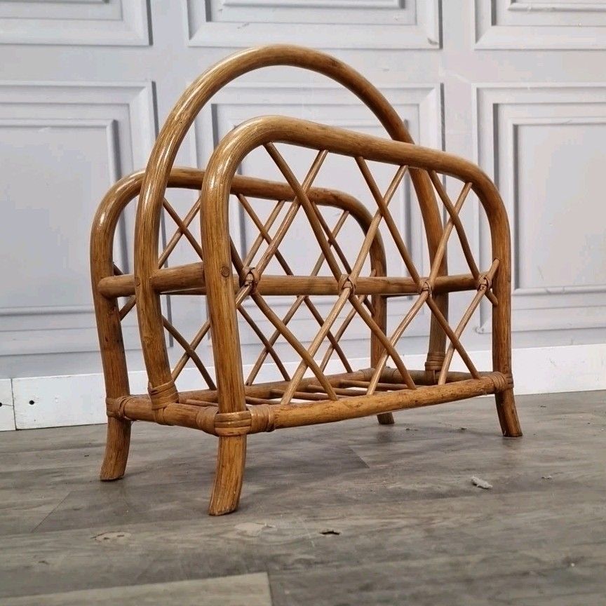 Vintage Rattan Magazine Rack Wicker Newspaper Holder Bamboo Mid Century Retro photo for sale