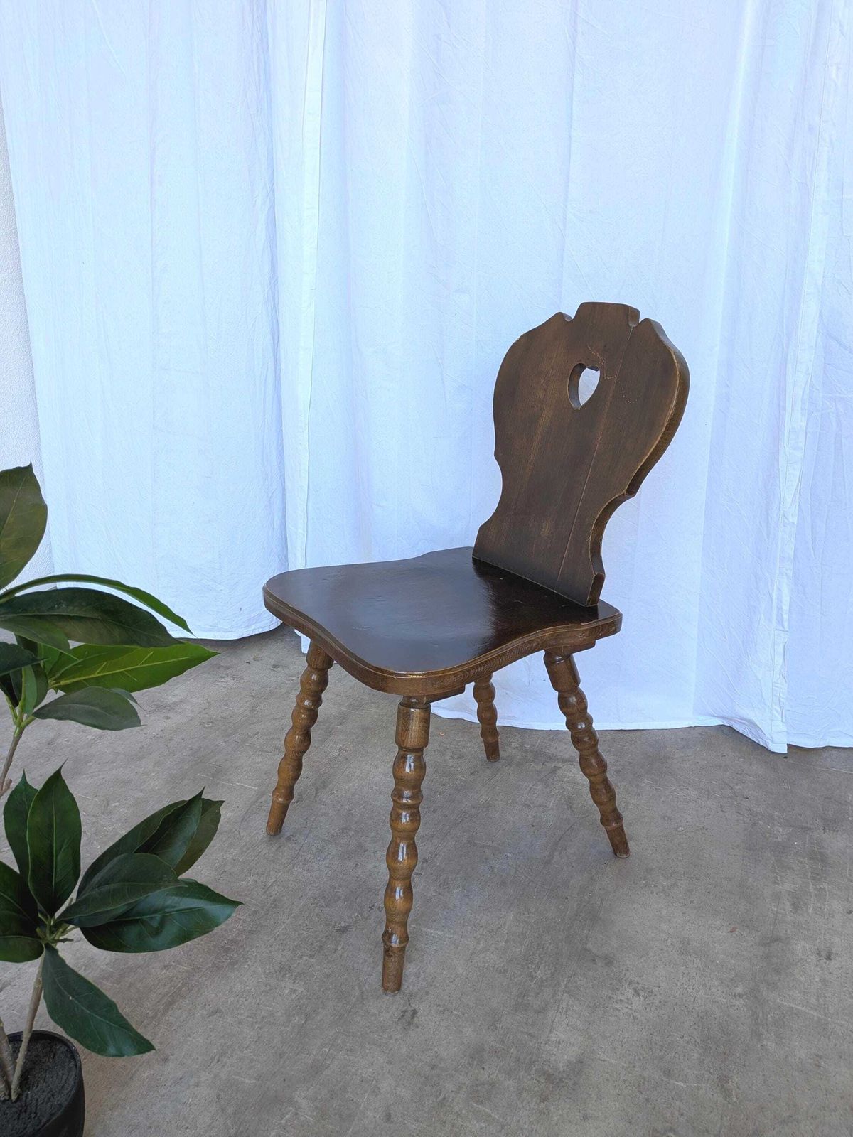 Vintage Tyrolean Heart Cutout Wooden Dining Chair / Dark Brown Wood / Bobbin Turned Legs