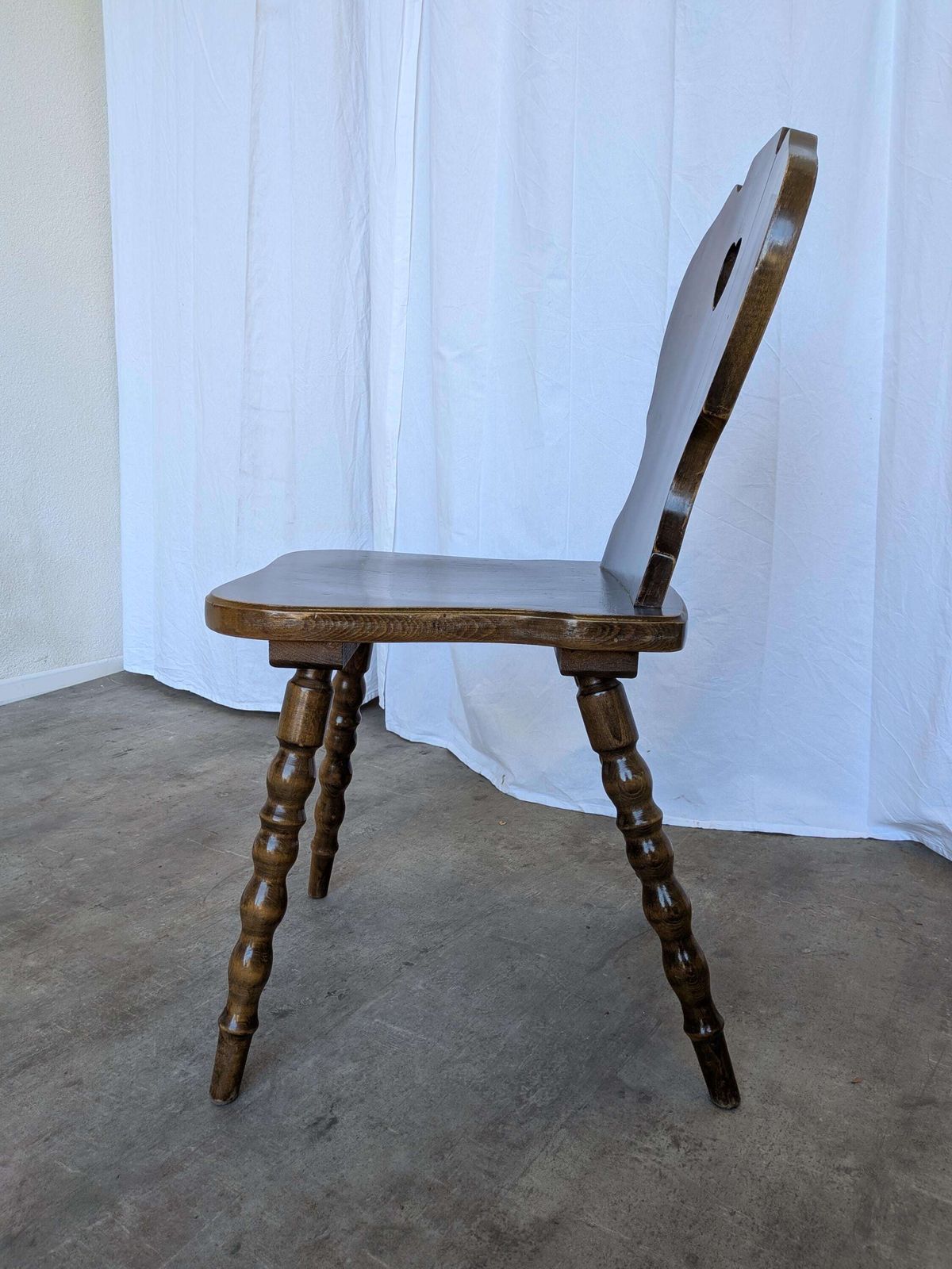 Vintage Tyrolean Heart Cutout Wooden Dining Chair / Dark Brown Wood / Bobbin Turned Legs photo furniture