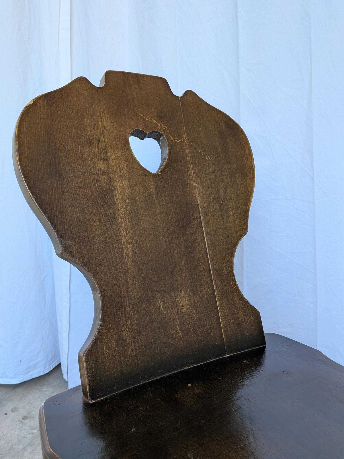 Furniture Vintage Tyrolean Heart Cutout Wooden Dining Chair / Dark Brown Wood / Bobbin Turned Legs photo