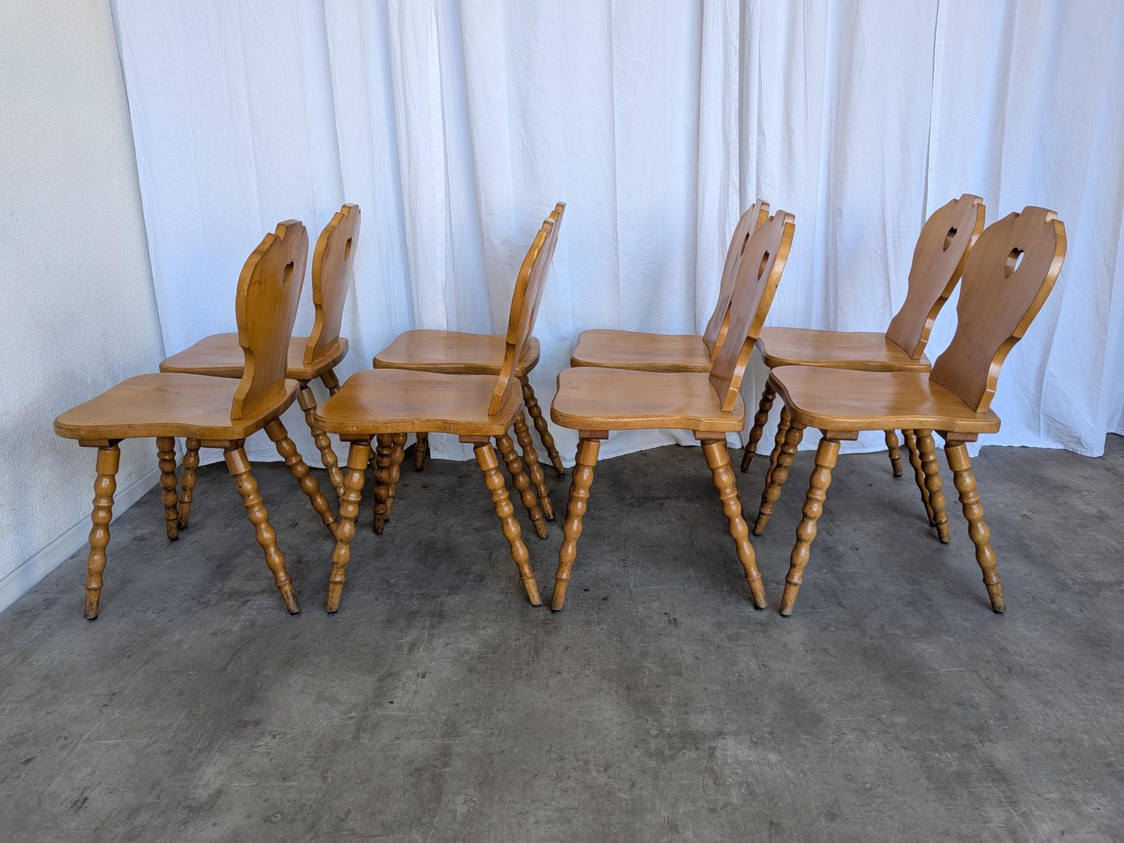 Furniture Set Of 8 Vintage Tyrolean Heart Cutout Wooden Dining Chairs, Rustic Farmhouse Style photo