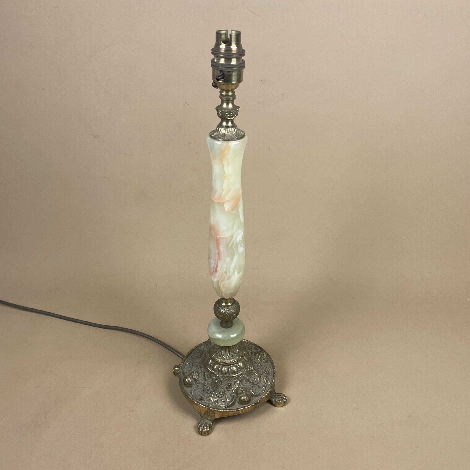 Marble Stone Lamp Green Light Table Bedside Light Natural Patterns Ornate Round Base Onyx Brass Metal Gold Antique Vintage Claw Feet Large