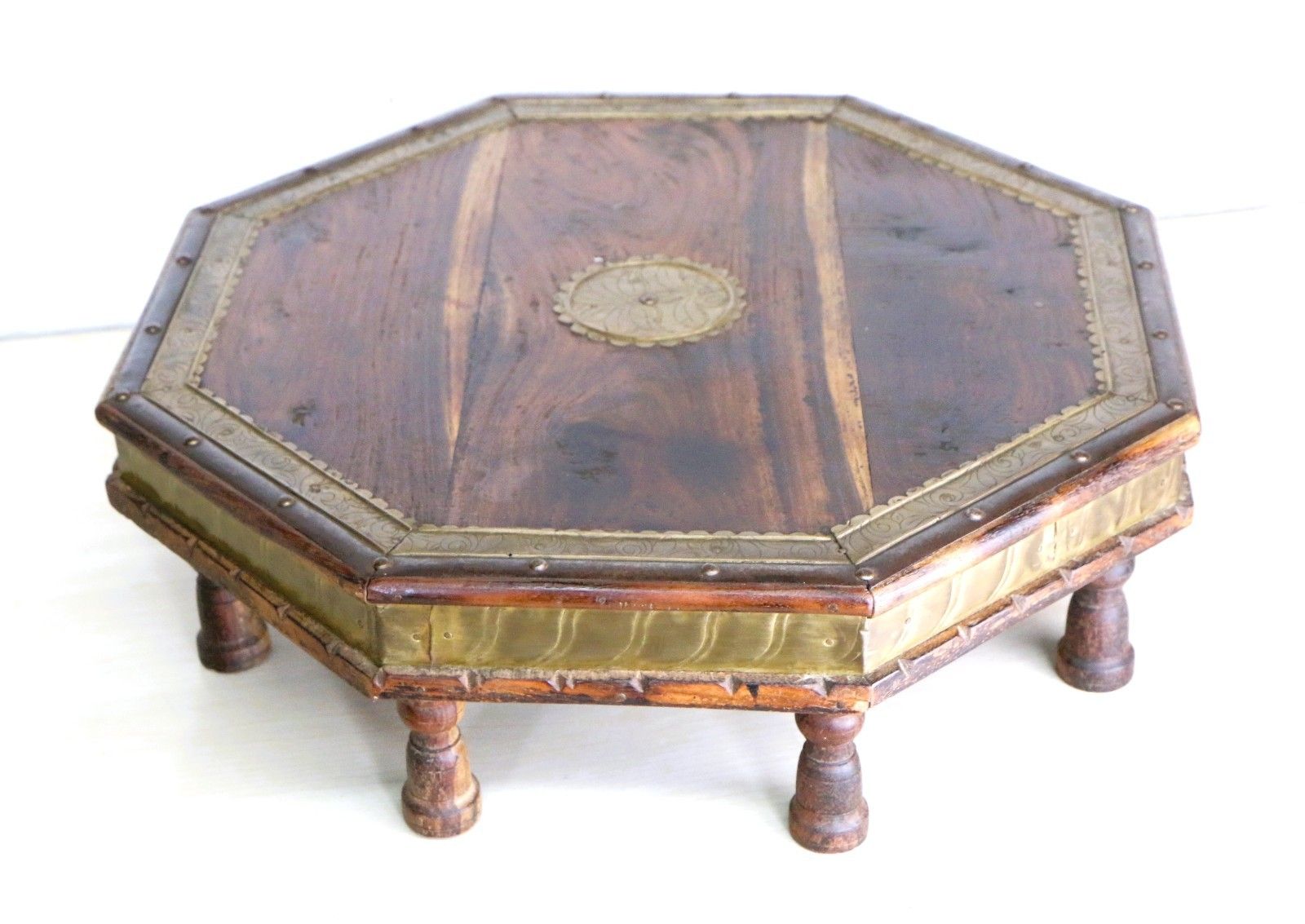 Vintage Indian Wooden Low Table Chowki Table 20th Century Brass & Steel Accents