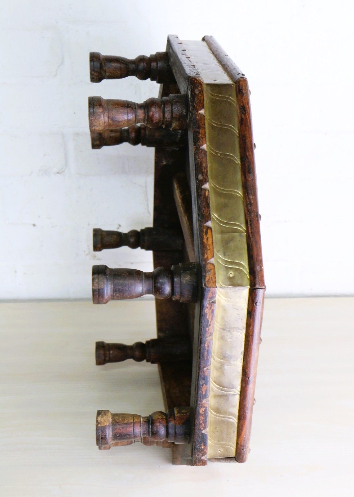 photo furniture Vintage Indian Wooden Low Table Chowki Table 20th Century Brass & Steel Accents