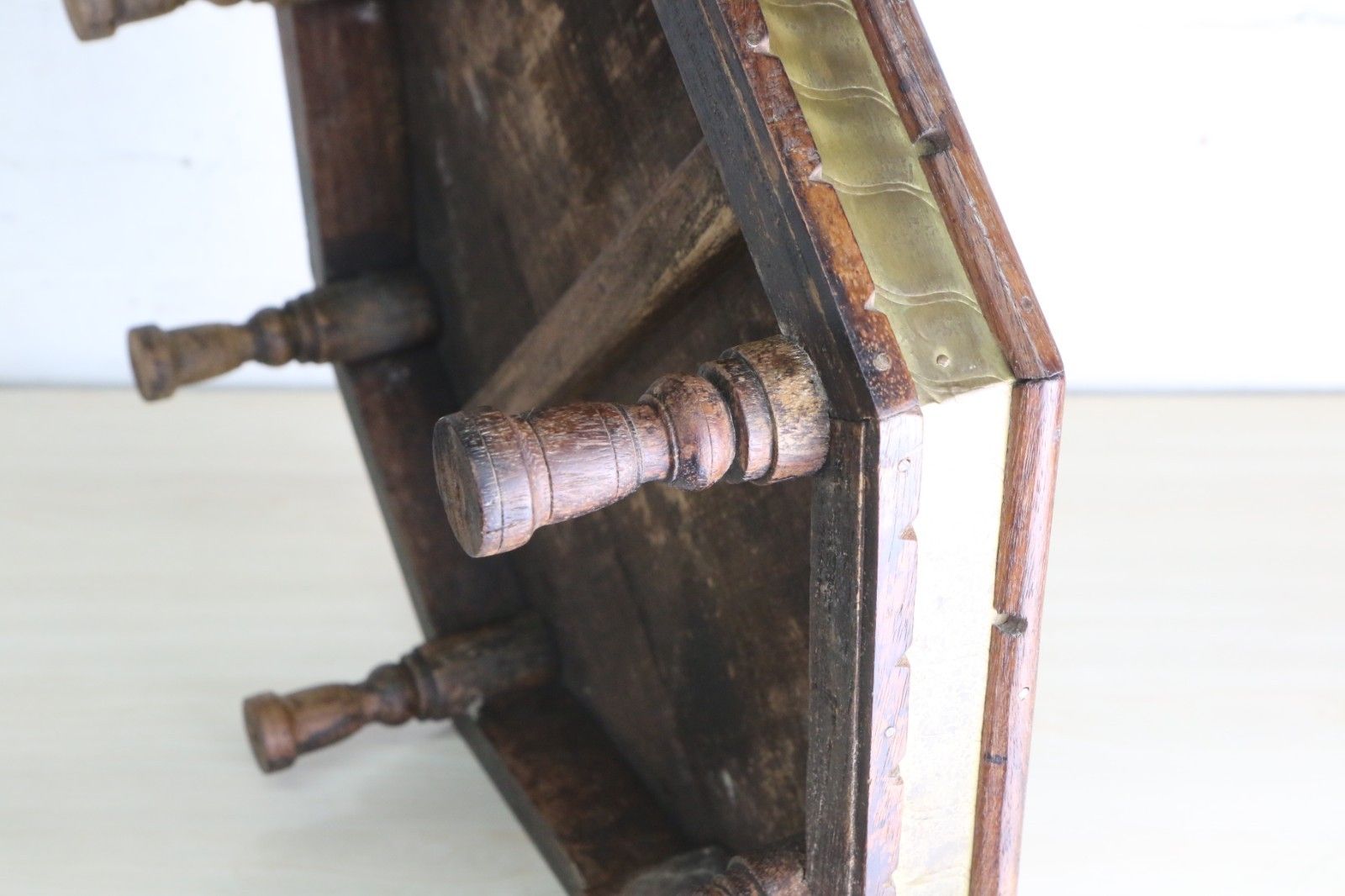 Furniture Vintage Indian Wooden Low Table Chowki Table 20th Century Brass & Steel Accents photo
