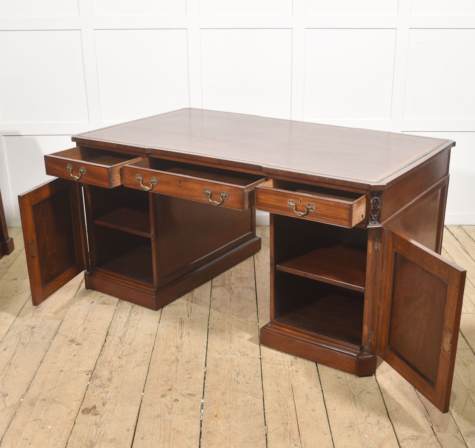 Mahogany Partner’s Pedestal Desk With Tooled Leather Top photo vintage