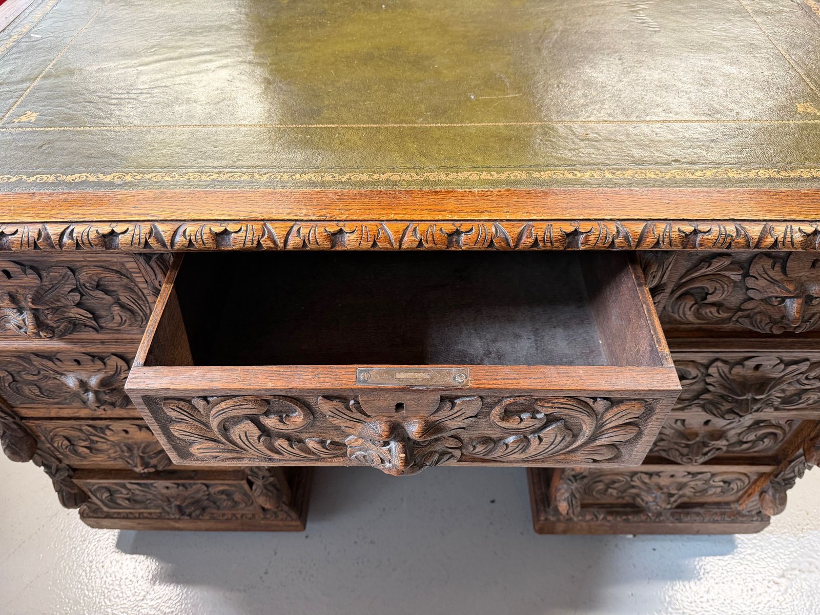 Antique Carved Oak Desk With Lion Handles photo Furniture