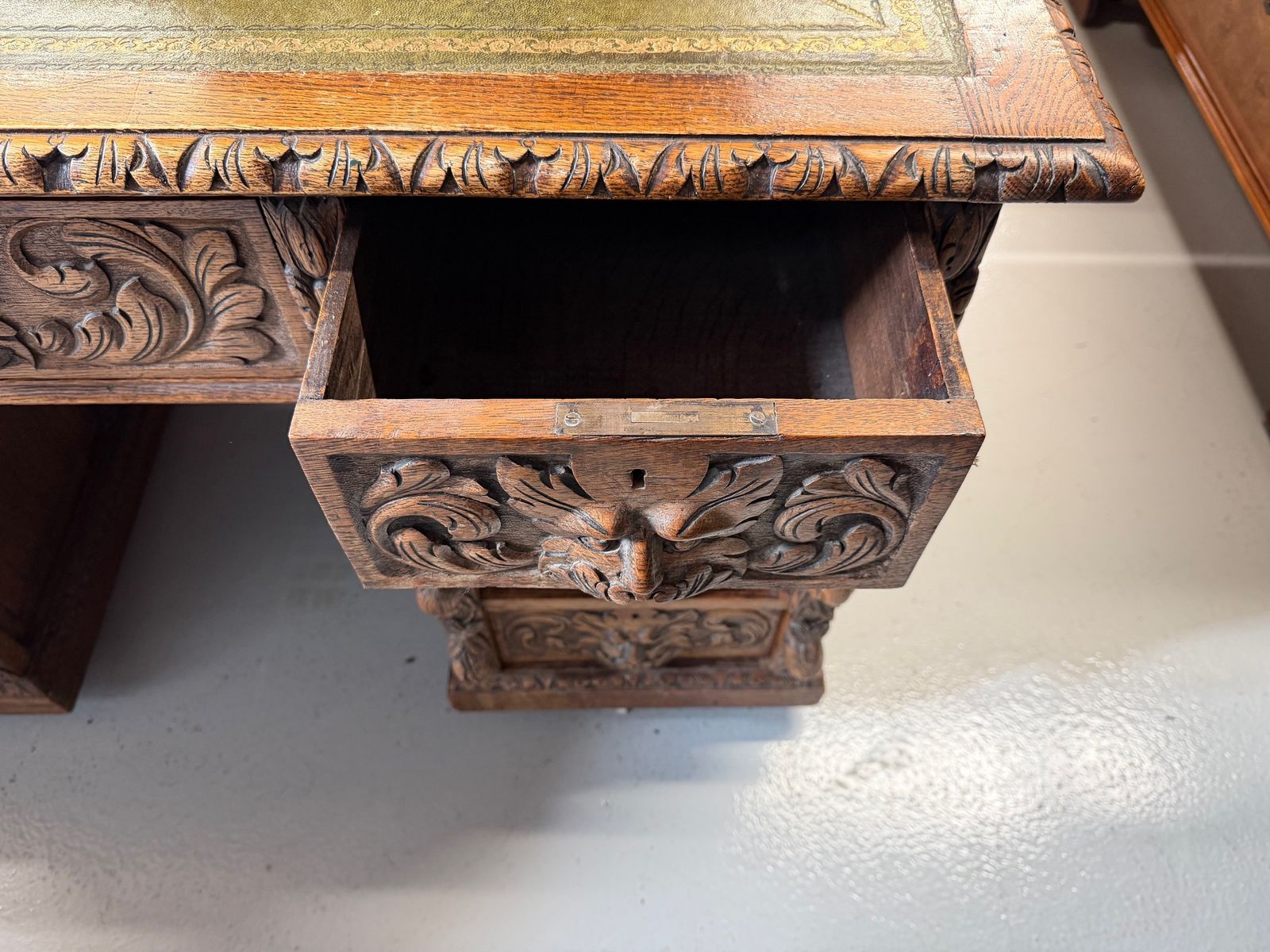 Antique Carved Oak Desk With Lion Handles photo vinterior
