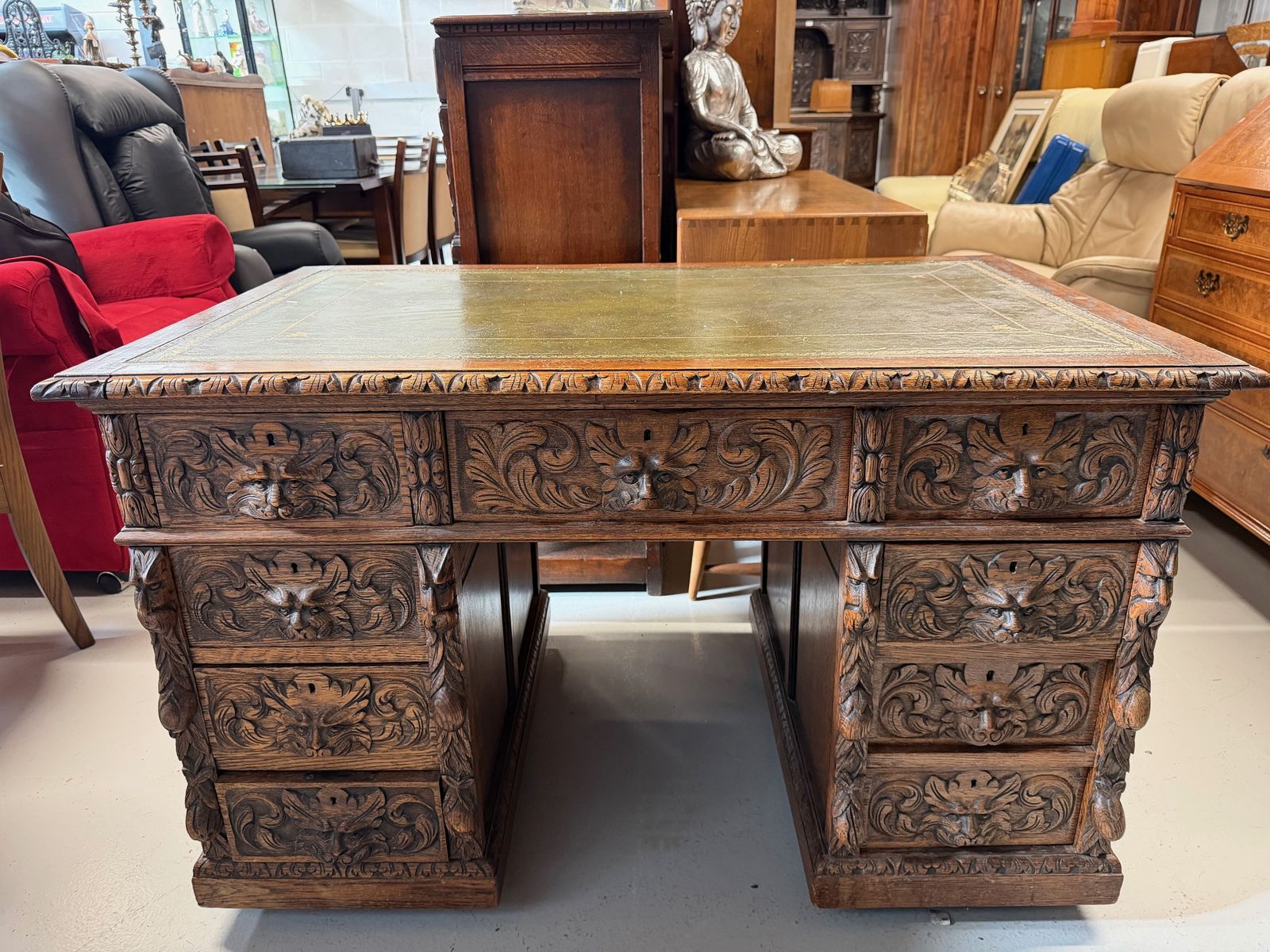 Antique Carved Oak Desk With Lion Handles