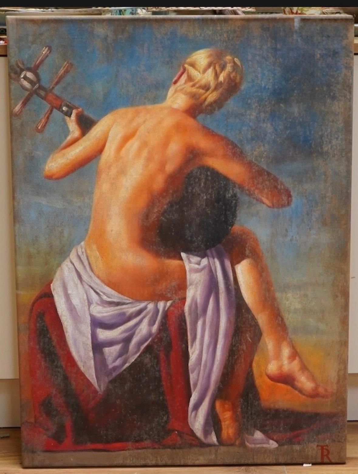 Woman Playing A Lute Oil On Canvas Tomasz Rut, Poland 1961 photo furniture