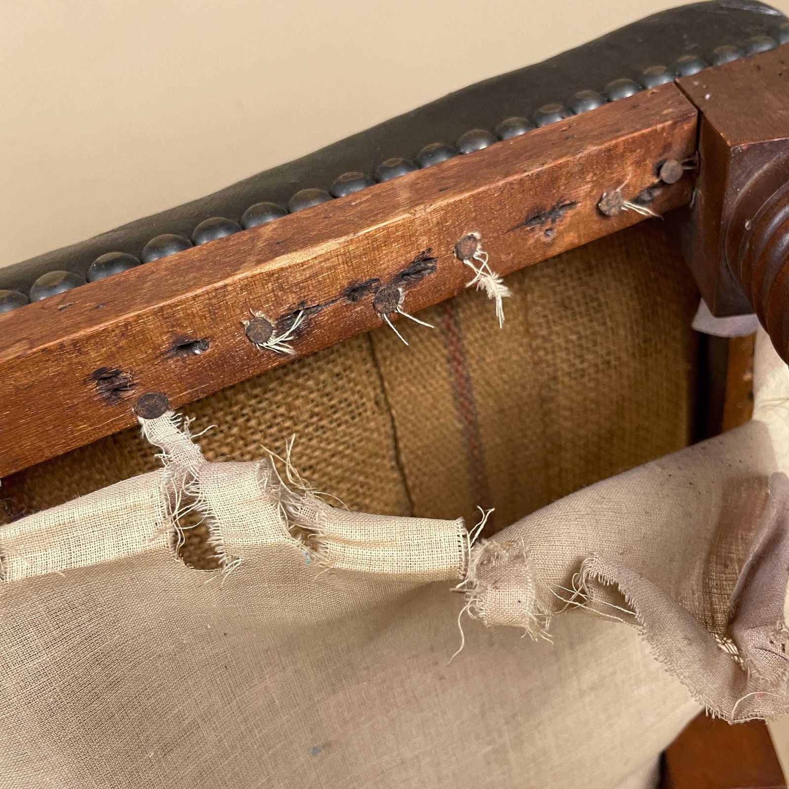 photo for sale Victorian Gout Stool Foot Stool Wood Legs Footstool Faux Leather V Shape Metal Studs Vintage Furniture Rectangle 34x46x30cm Wooden Antique
