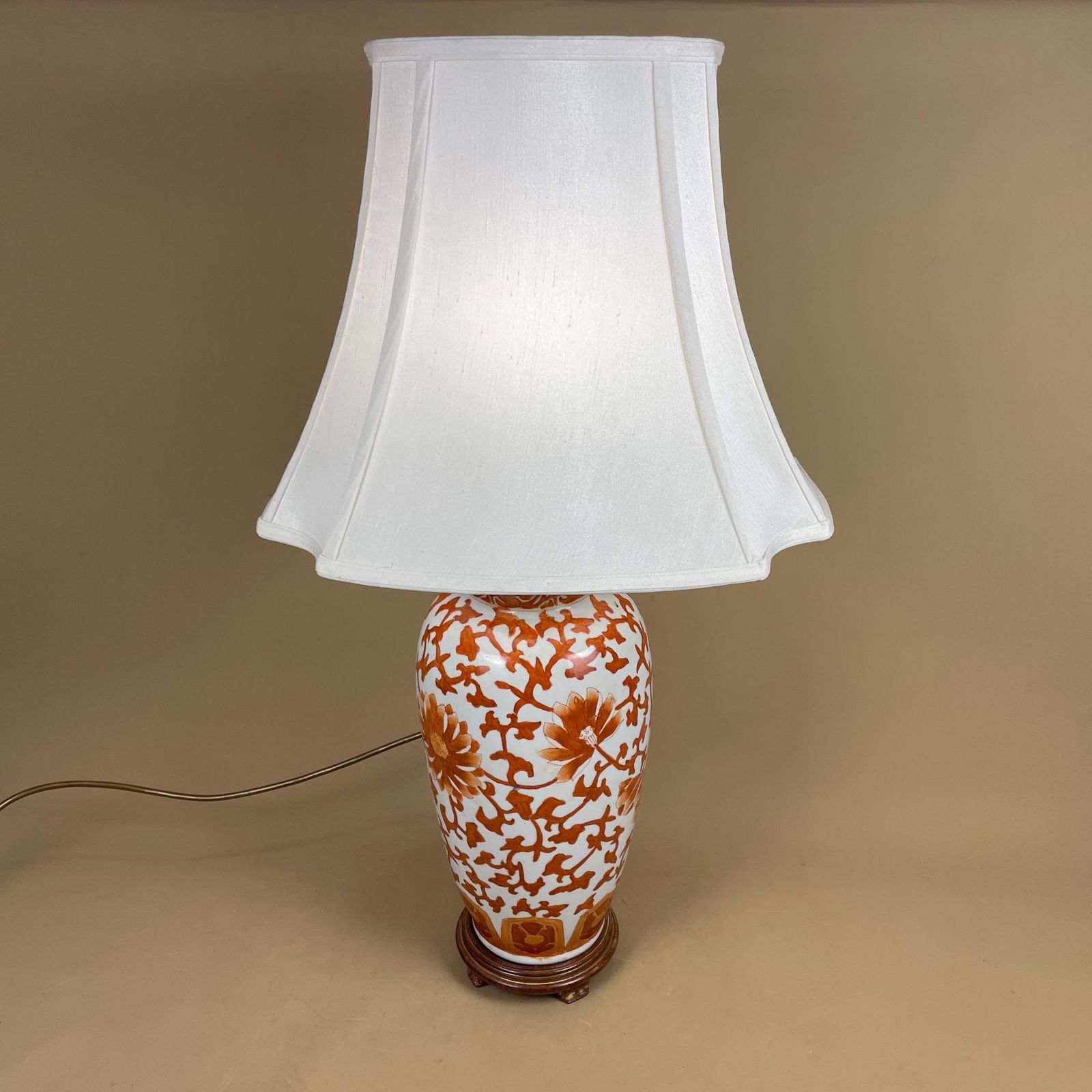 Oriental Ceramic Lamp Light Bedside Table Hand Painted Floral Design Pattern Wood Base Chinese Vase White Orange Antique Lampshade Shade photo 139.0