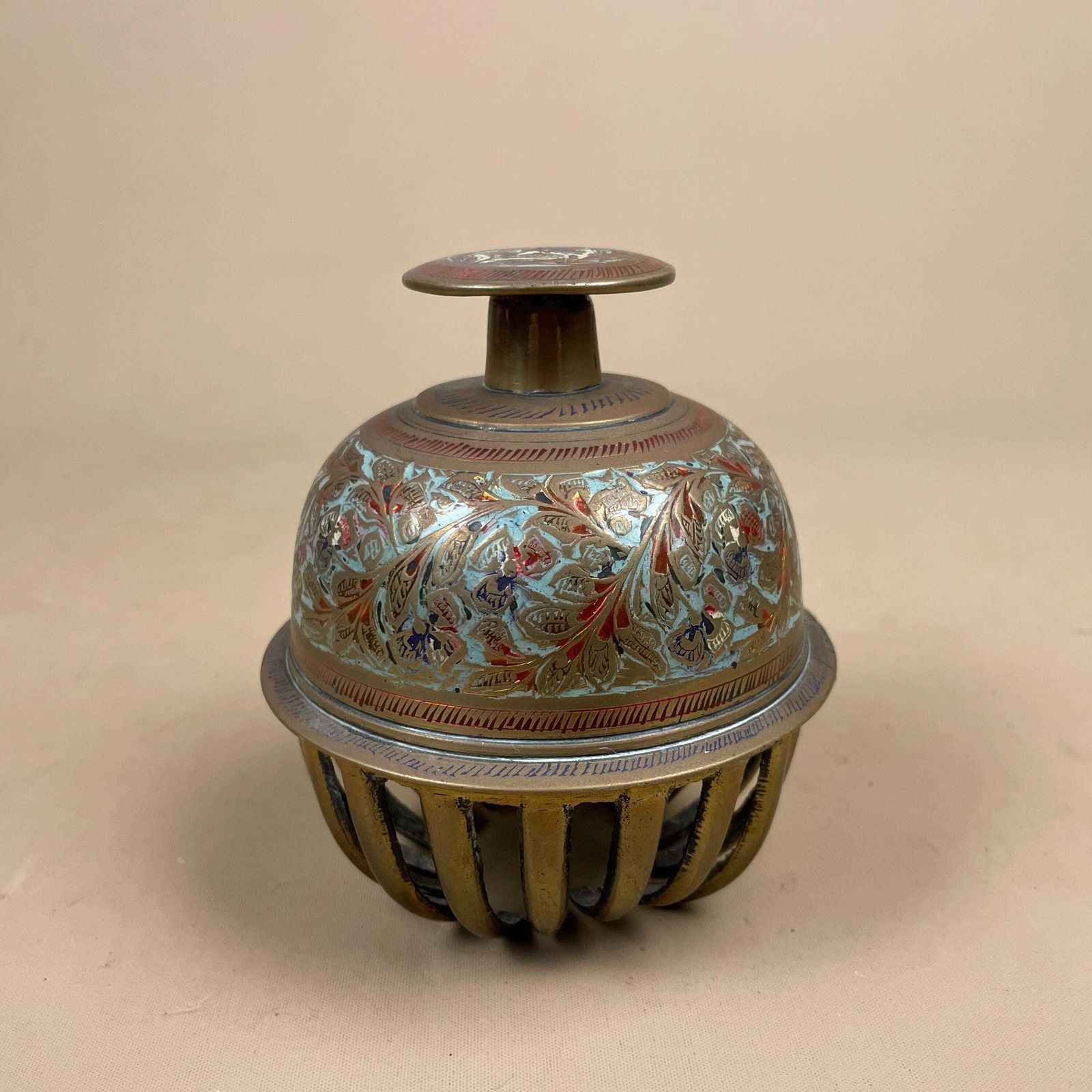 Vintage Indian Brass Gold Temple Bell Bidri Style Hand Engraved Mughal Design Ornate Bell Mid Century Decorative Collectible Enamel Metal photo Home Decor