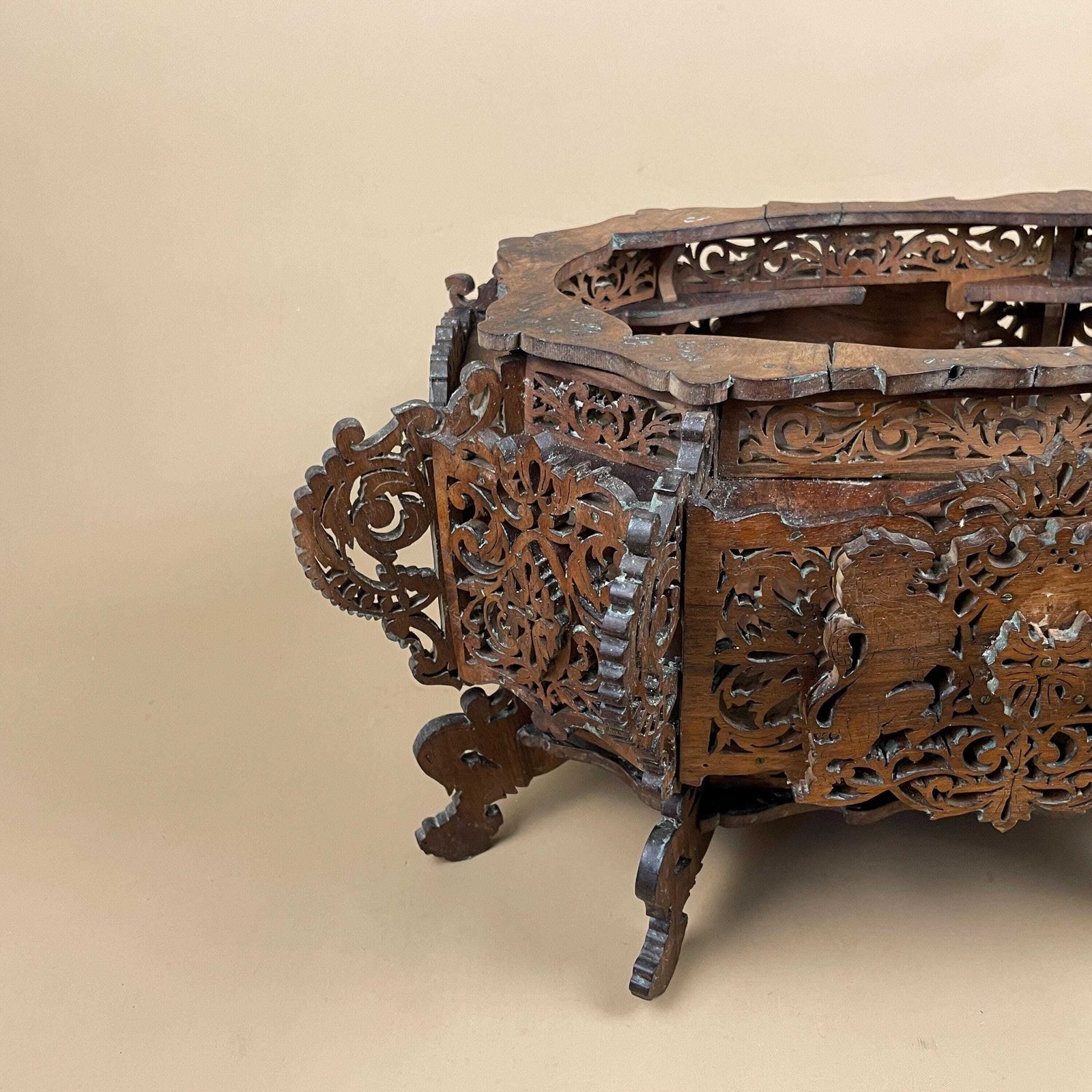 Antique Style Carved Wood Planter Jardiniere Stand Handmade Victorian Anglo Indian Style Hand Carved Wooden Planter Box Black Forest photo 295.0