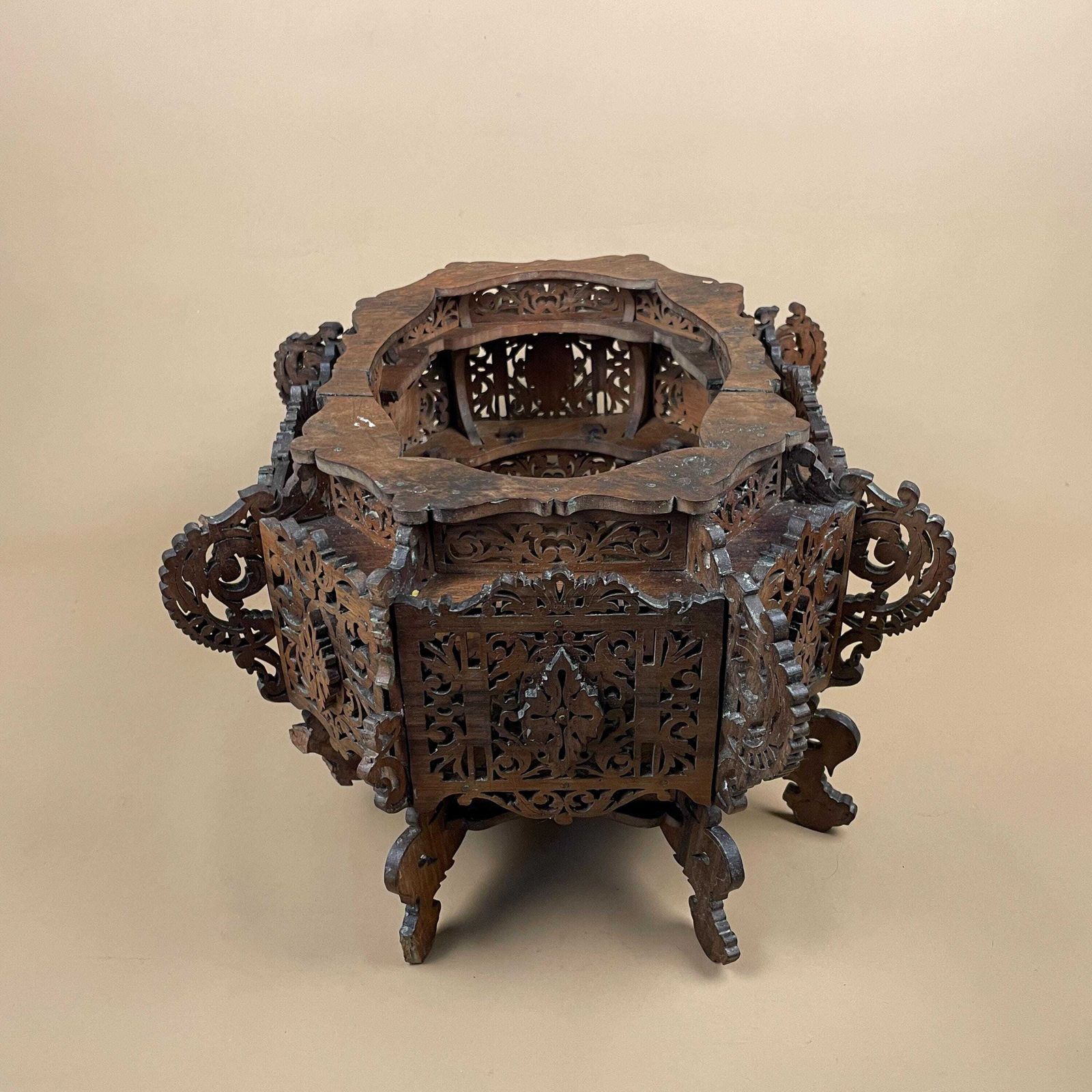 Antique Style Carved Wood Planter Jardiniere Stand Handmade Victorian Anglo Indian Style Hand Carved Wooden Planter Box Black Forest photo vintage