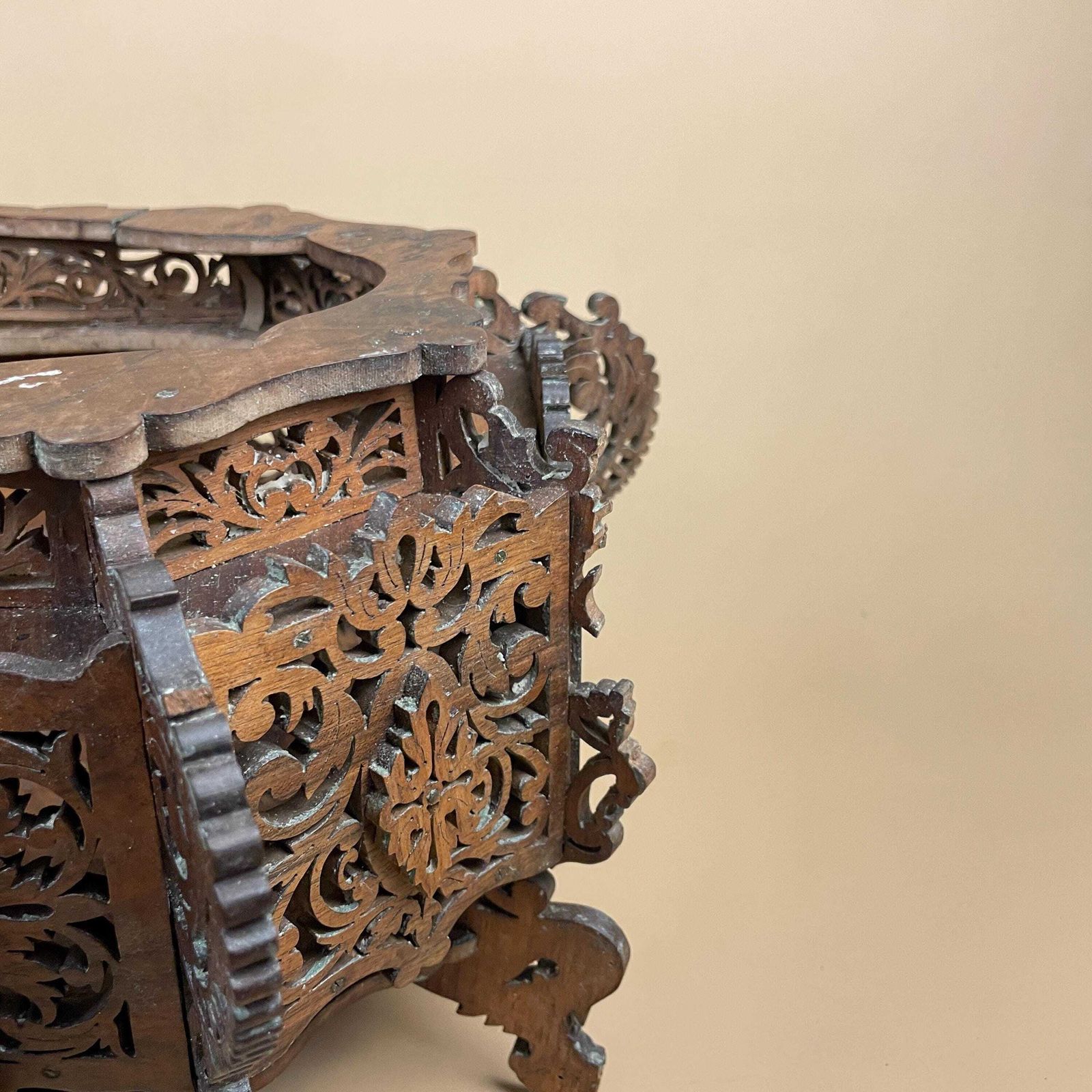 Home Decor Antique Style Carved Wood Planter Jardiniere Stand Handmade Victorian Anglo Indian Style Hand Carved Wooden Planter Box Black Forest photo