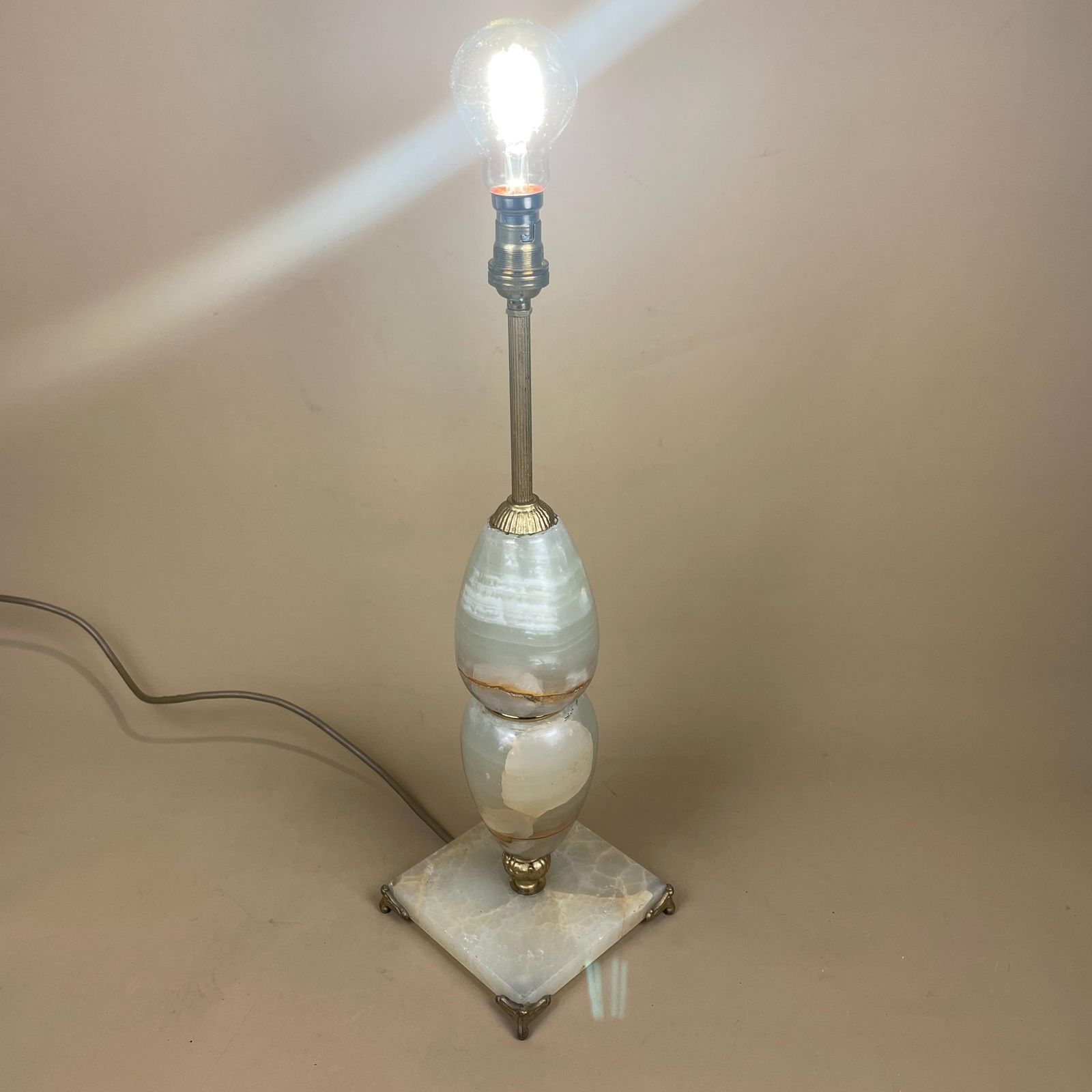 photo for sale Marble Stone Lamp Green Light Table Bedside Light Natural Patterns Ornate Square Base Onyx Brass Metal Gold Antique Vintage Claw Feet Large