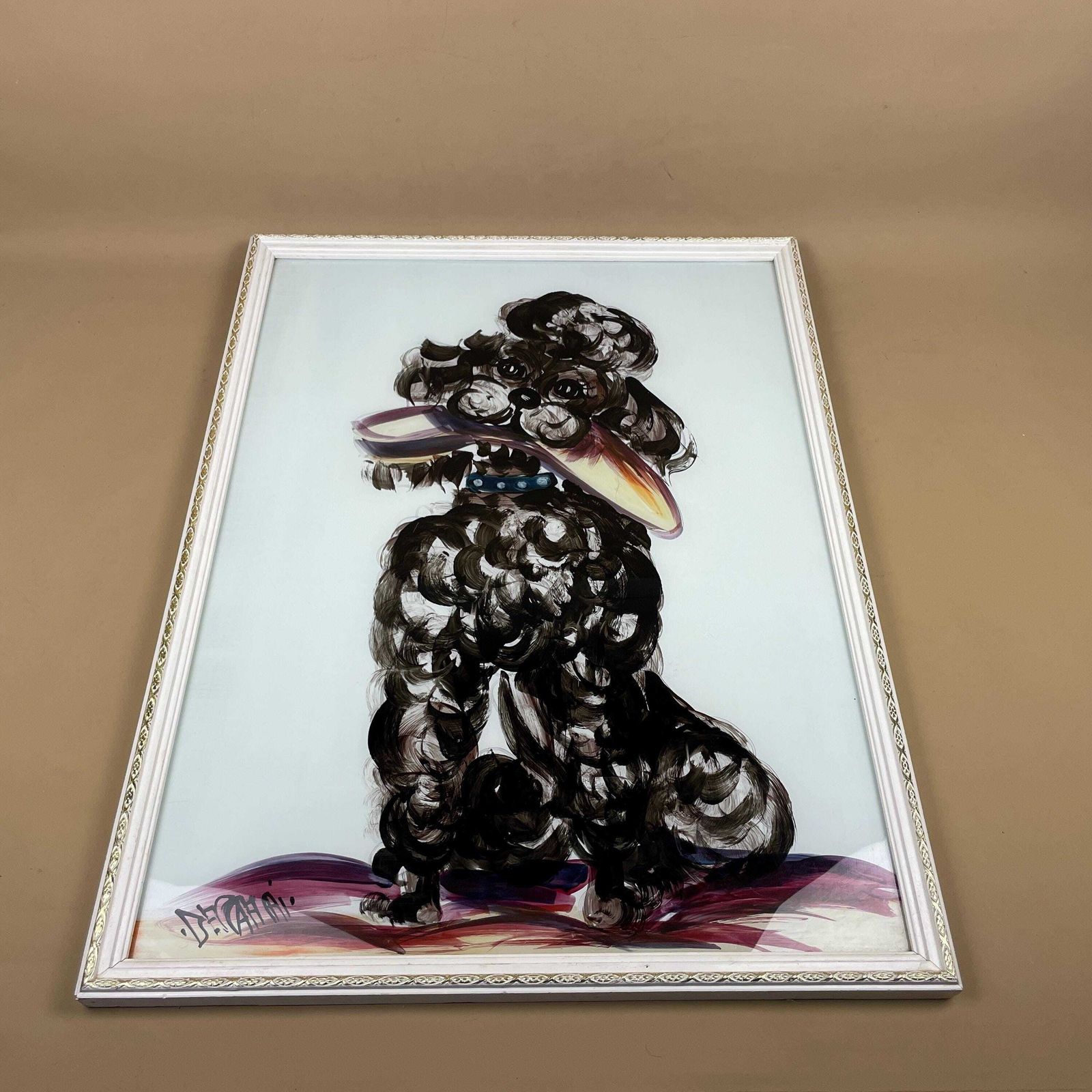 Vintage Painted Glass Poodle Art Framed Wall Hanging Kitsch Large Mid Century Decor Vintage Poodle Painting On Glass Retro Dog Art