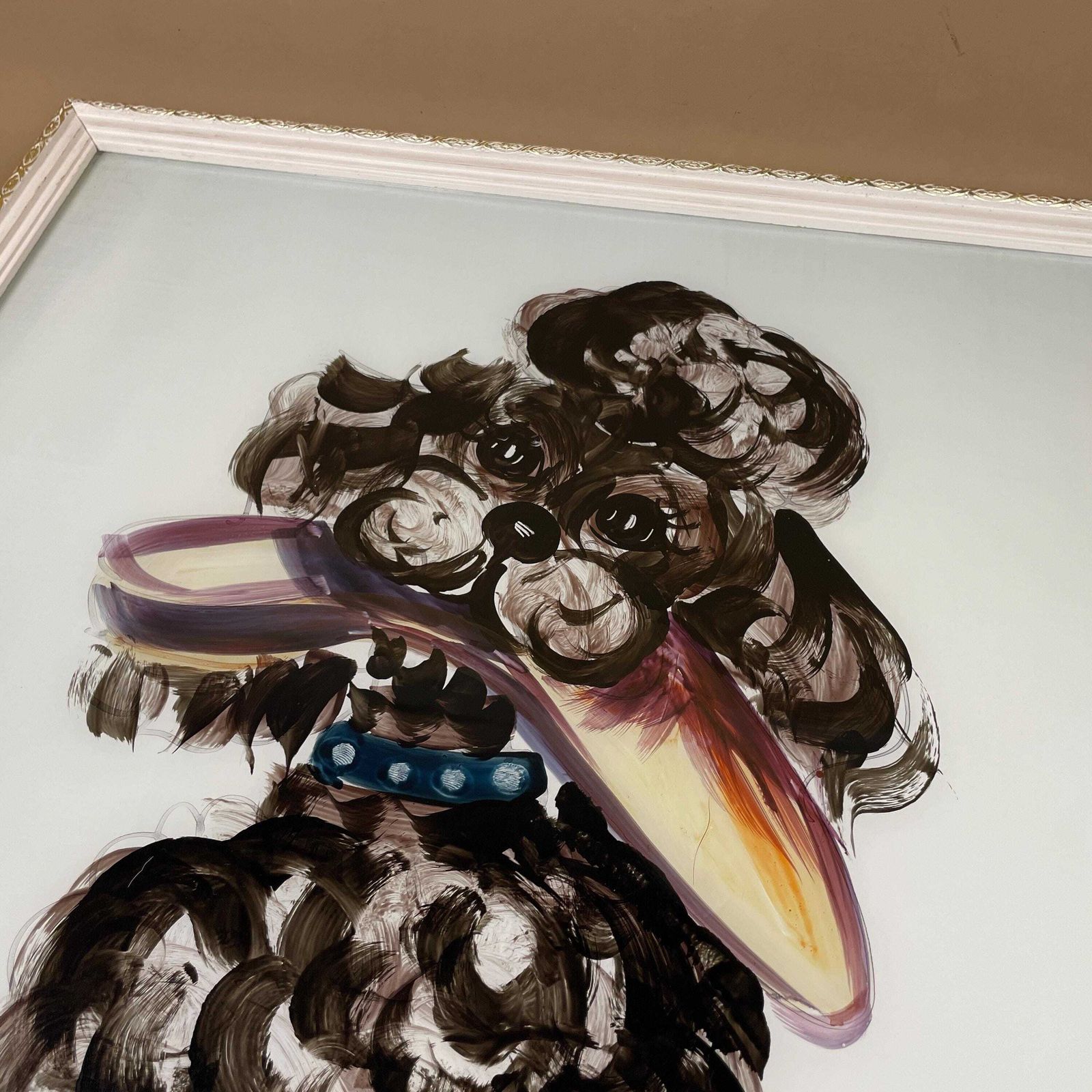 Vintage Painted Glass Poodle Art Framed Wall Hanging Kitsch Large Mid Century Decor Vintage Poodle Painting On Glass Retro Dog Art photo vinterior