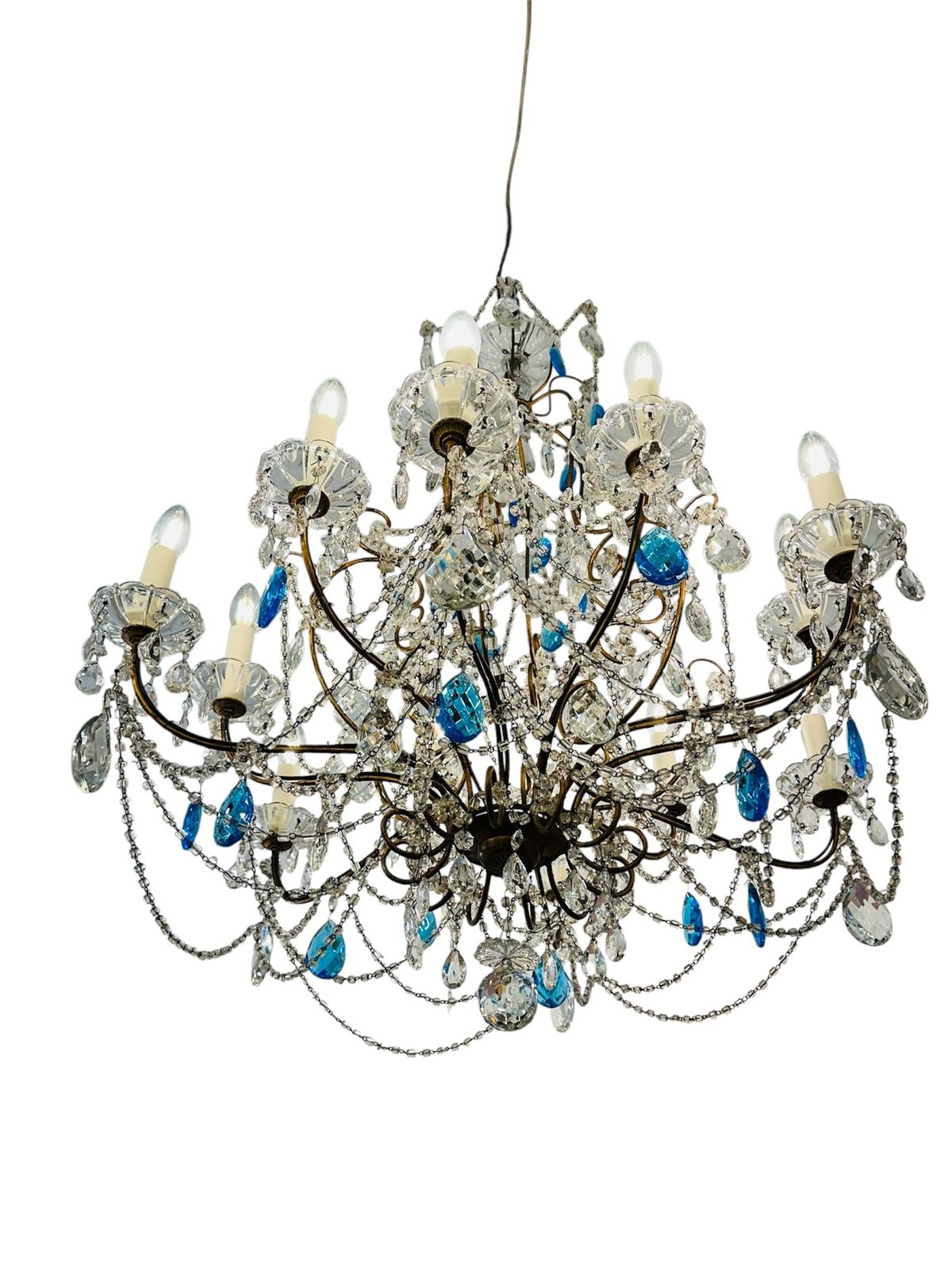 Italian 1920 30’s Crystal Blu And Clear Drops Chandelier Made In Torino photo furniture