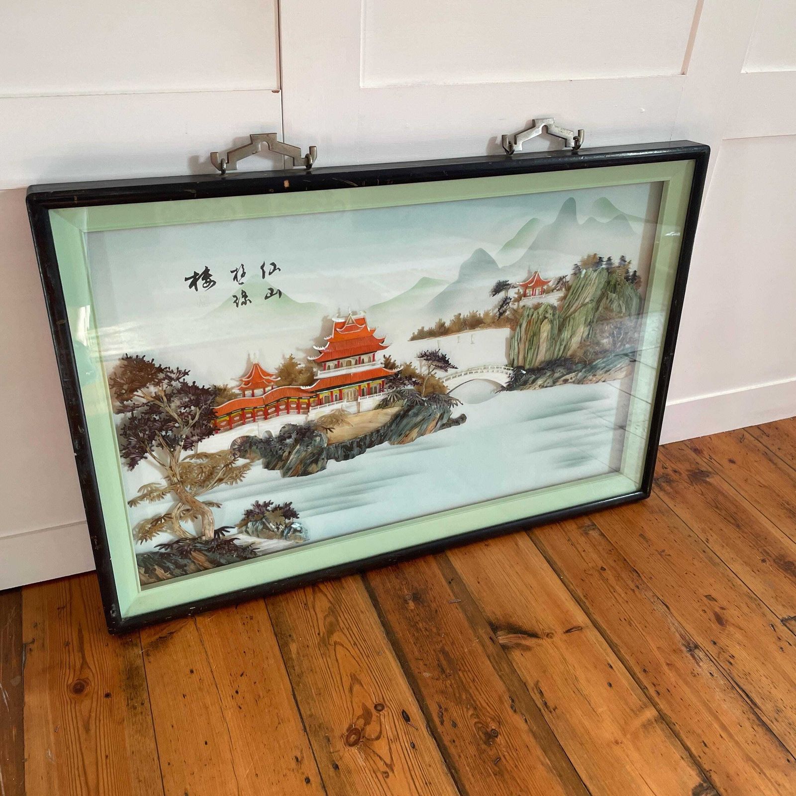 Chinese Abalone Shell Relief Landscape Framed Art Large Temple Scene Vintage Carved Shell Wall Art Asian 3d Landscape Panel Shadowbox