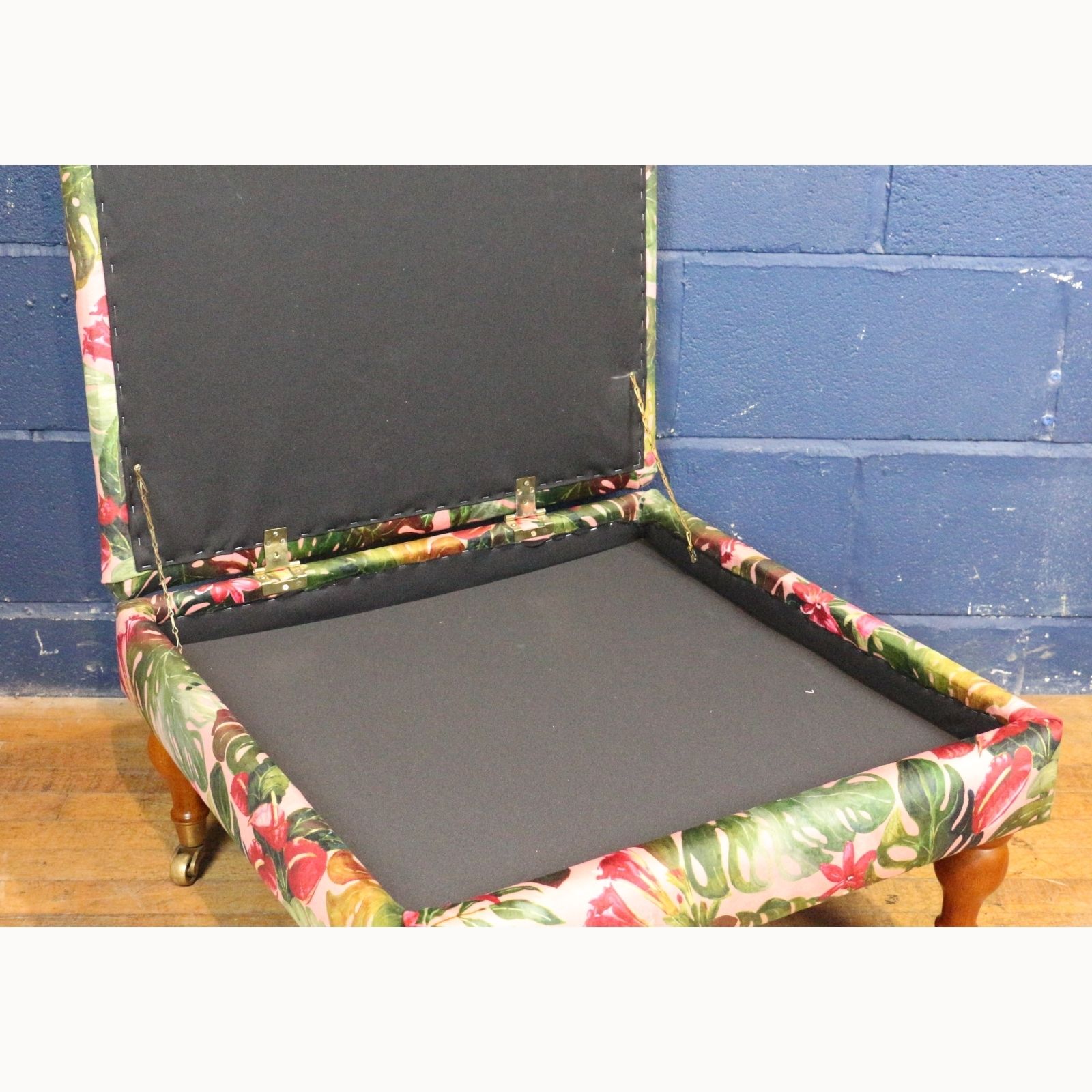 A Large Square Footstool Or Ottoman, Reupholstered In Stylised Material Raised On Turned Supports photo Furniture