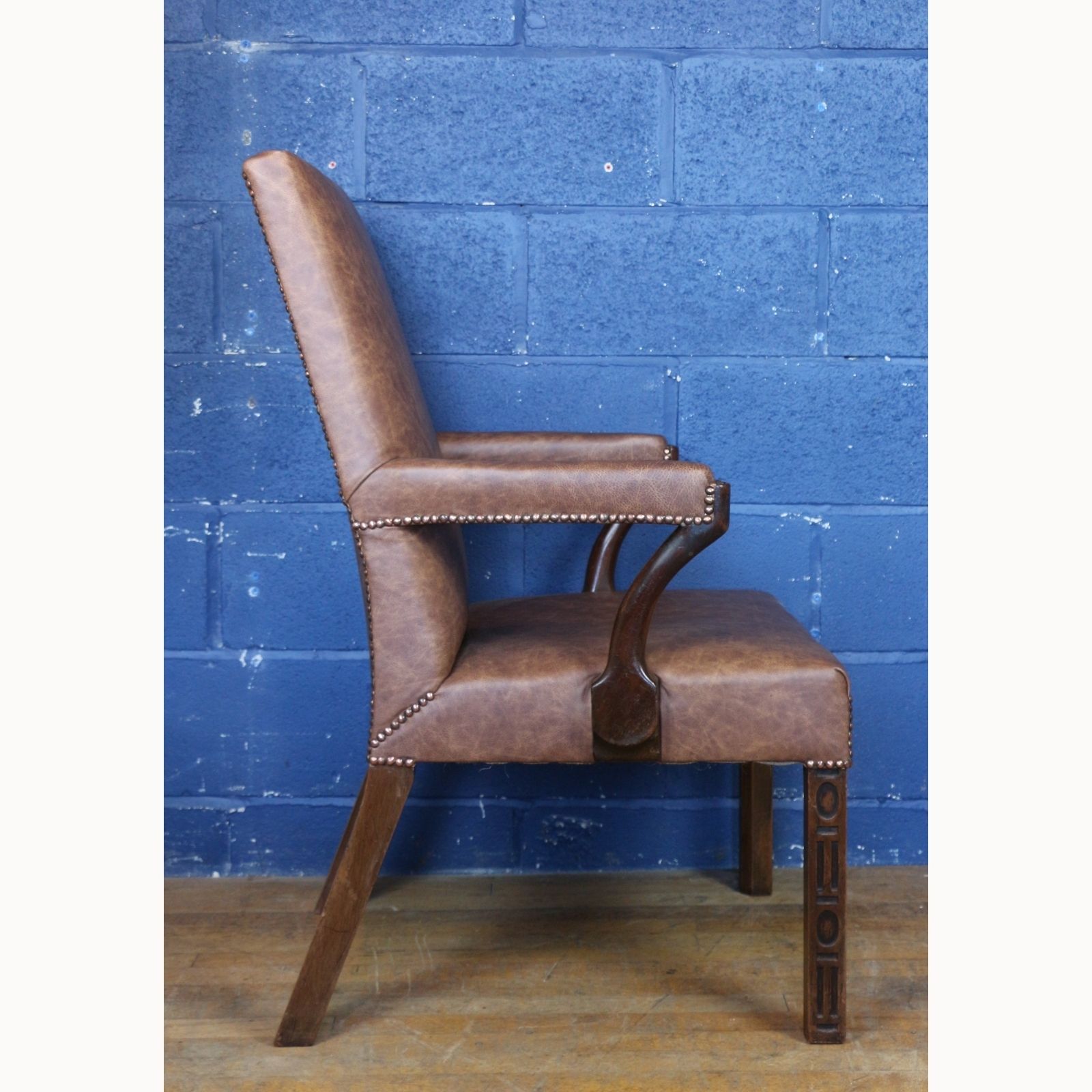 An Antique Mahogany Library Chair Upholstered In Brown Leather photo for sale