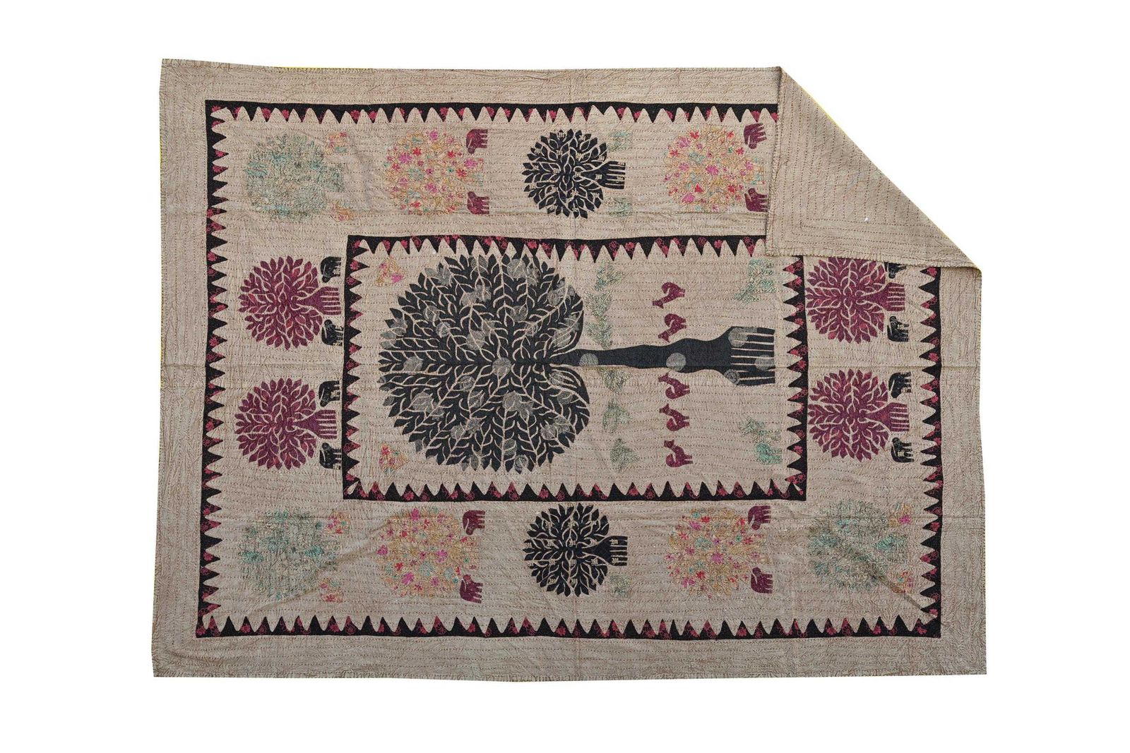 Vintage Indian Cotton Bed Cover – Hand Embroidered Floral Tree Tapestry, Boho Kantha Throw Blanket photo furniture