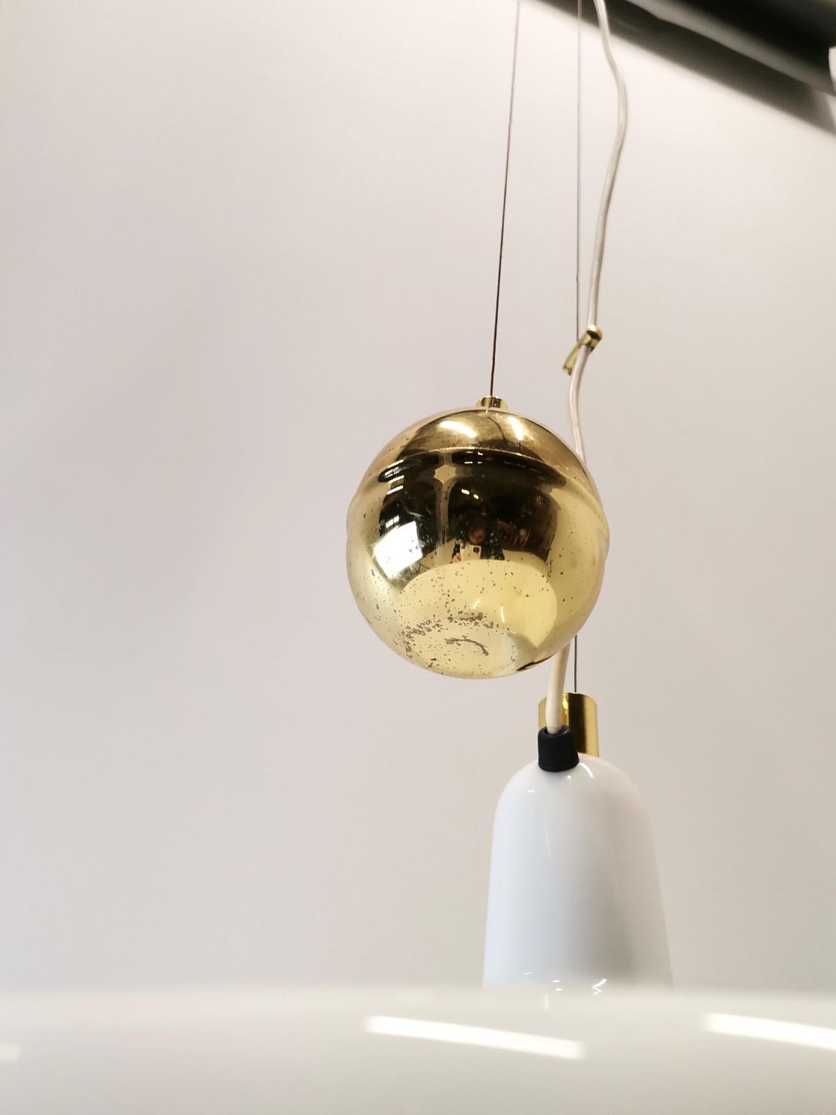 Lighting Large White & Gold Manta Pendant Light / Franco Bresciani For Guzzini And Meblo / 70s Italy And Yugoslavia Space Age Lamp photo
