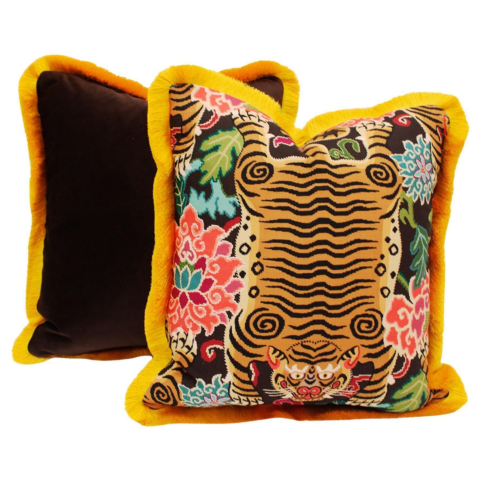 Pair Of Contemporary Gold And Brown Cotton And Silk Cushions With Tiger Fringe