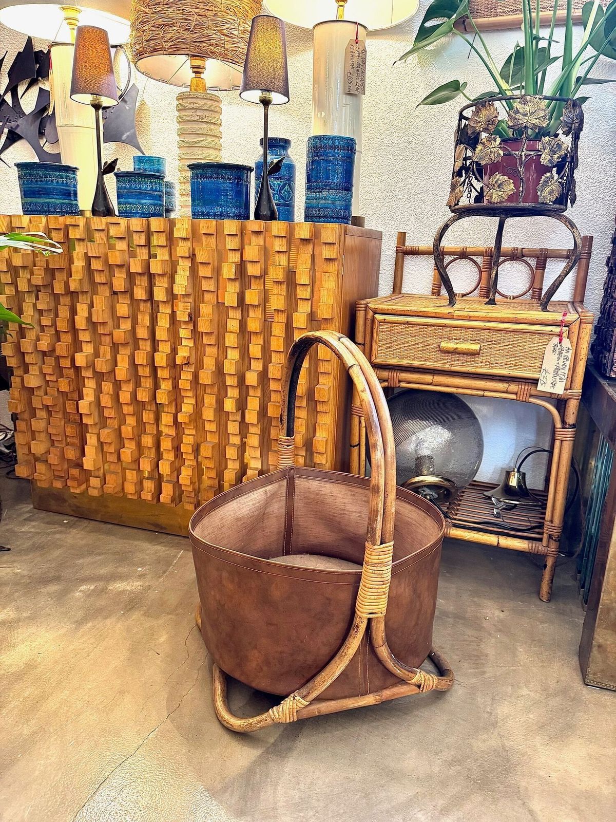 Large Italian 1960s Bamboo And Rattan Basket With Faux Leather photo furniture