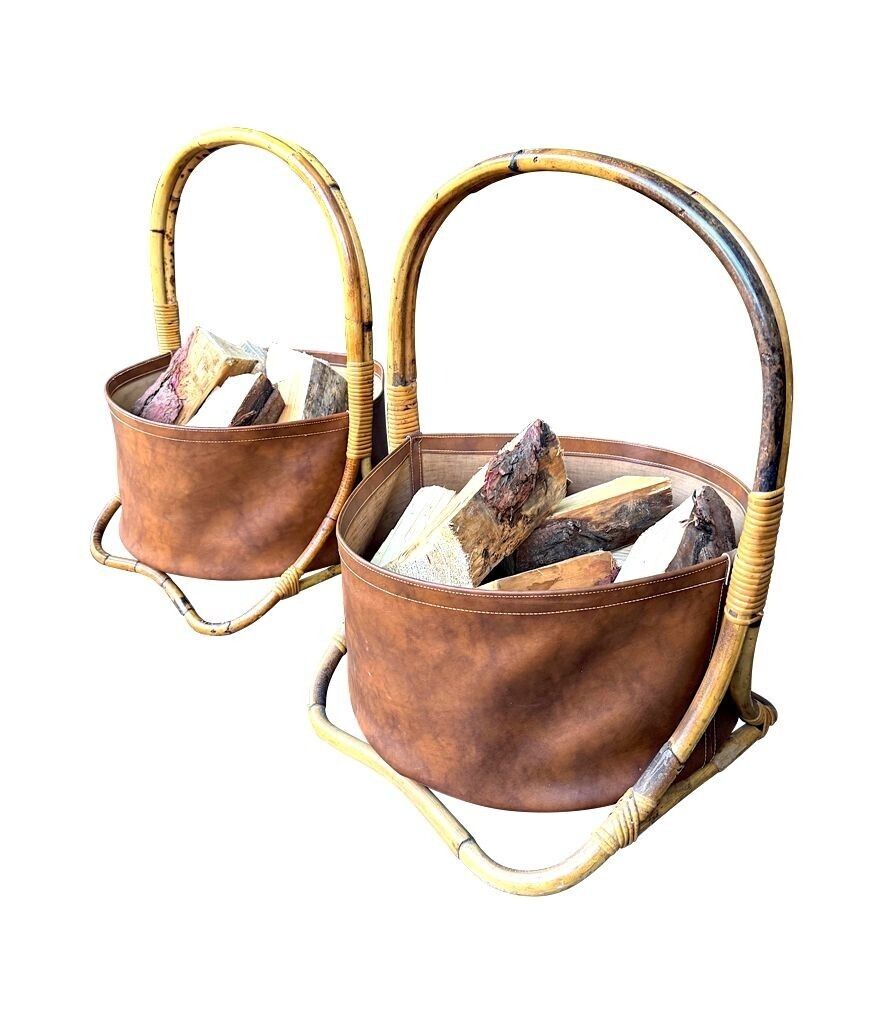 Large Italian 1960s Bamboo And Rattan Basket With Faux Leather photo for sale