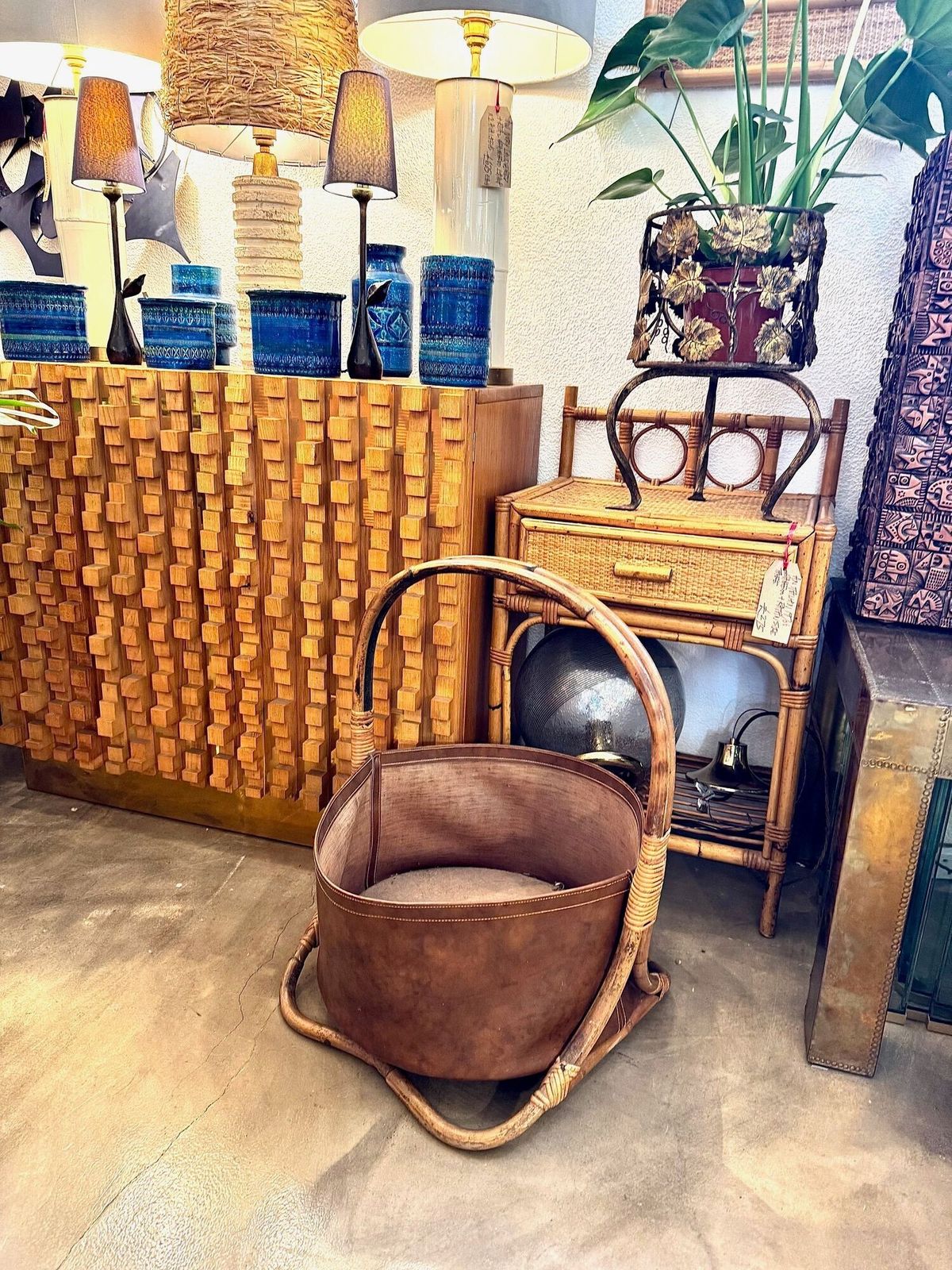 Large Italian 1960s Bamboo And Rattan Basket With Faux Leather photo buy