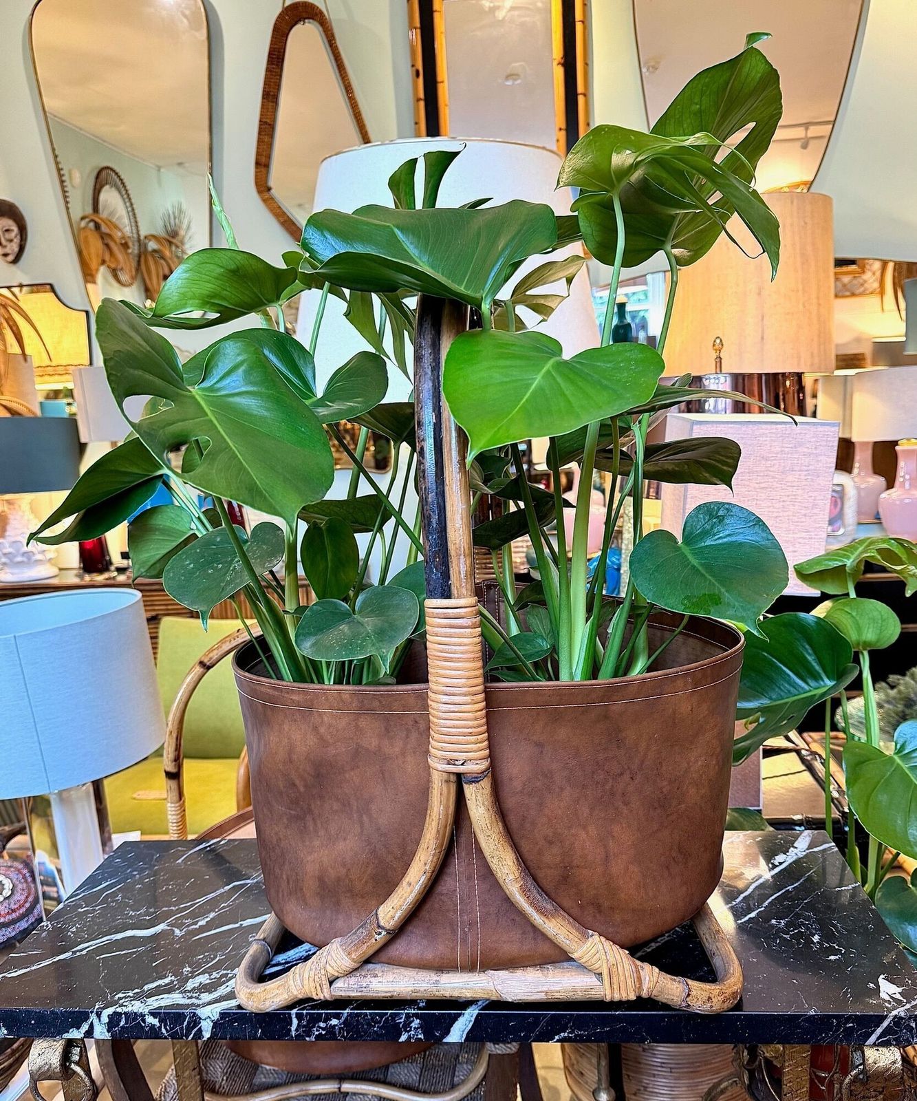photo furniture Large Italian 1960s Bamboo And Rattan Basket With Faux Leather