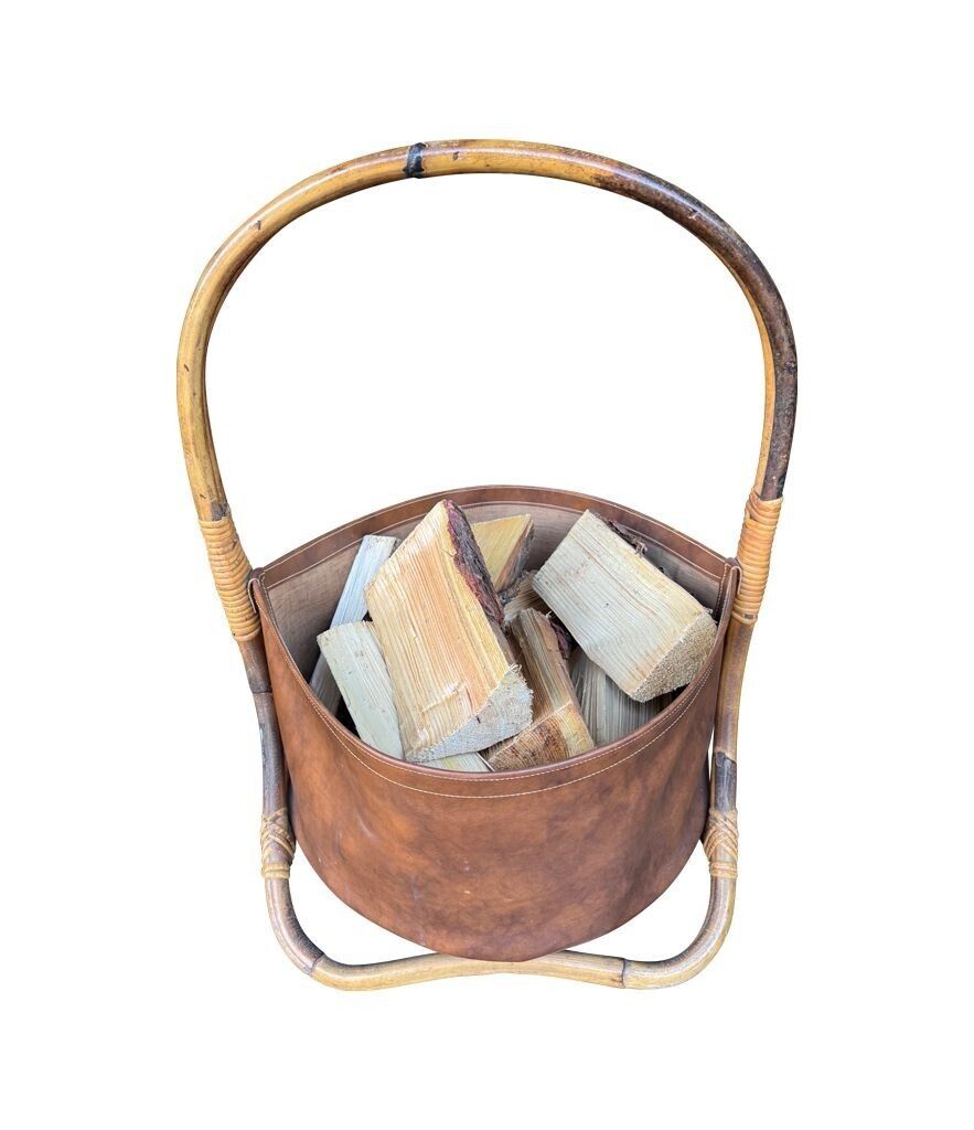 photo vinterior Large Italian 1960s Bamboo And Rattan Basket With Faux Leather