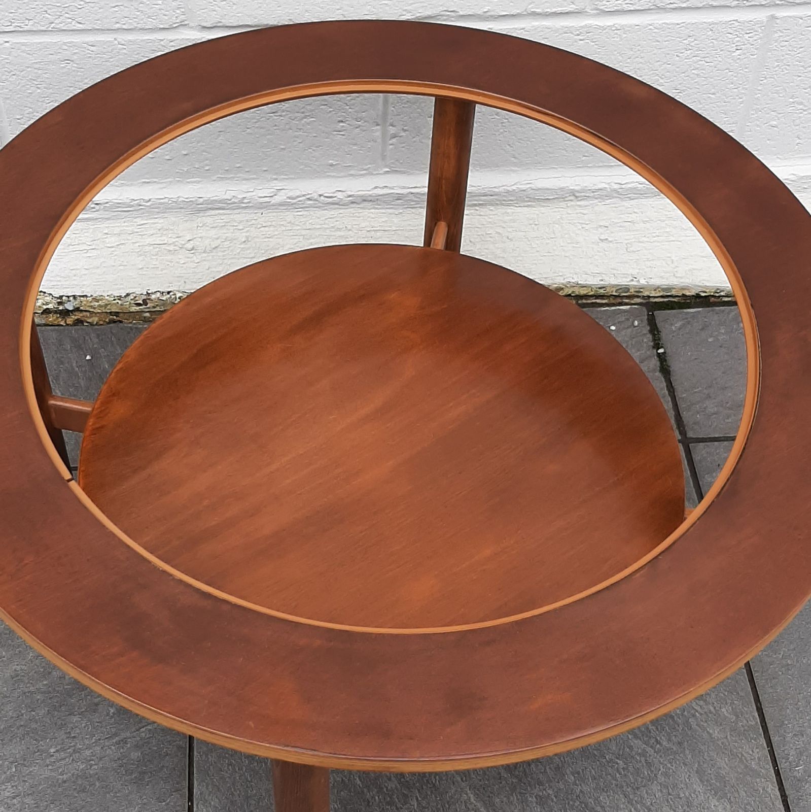 Schreiber Mid Century Modern Round Circular Coffee Table Glass Topped Solid Teak Legs photo buy