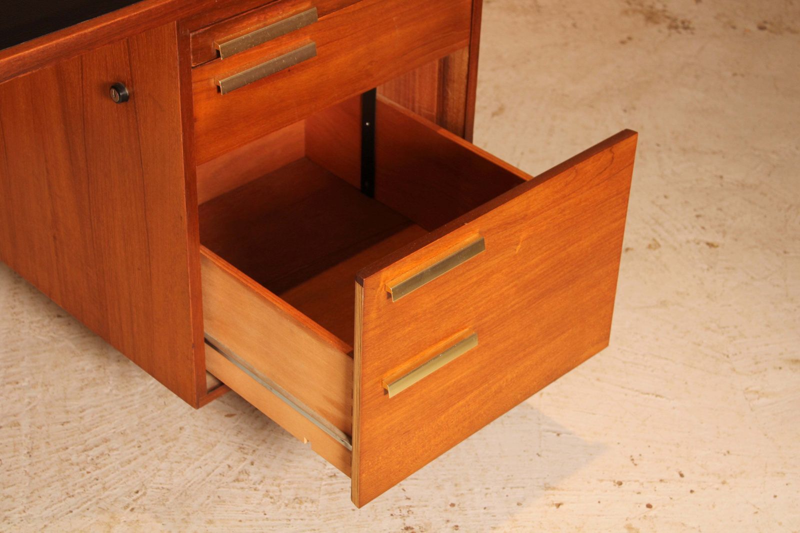 British Mid Century Executive Teak Desk With Brass Handles, Circa 1970s photo vintage