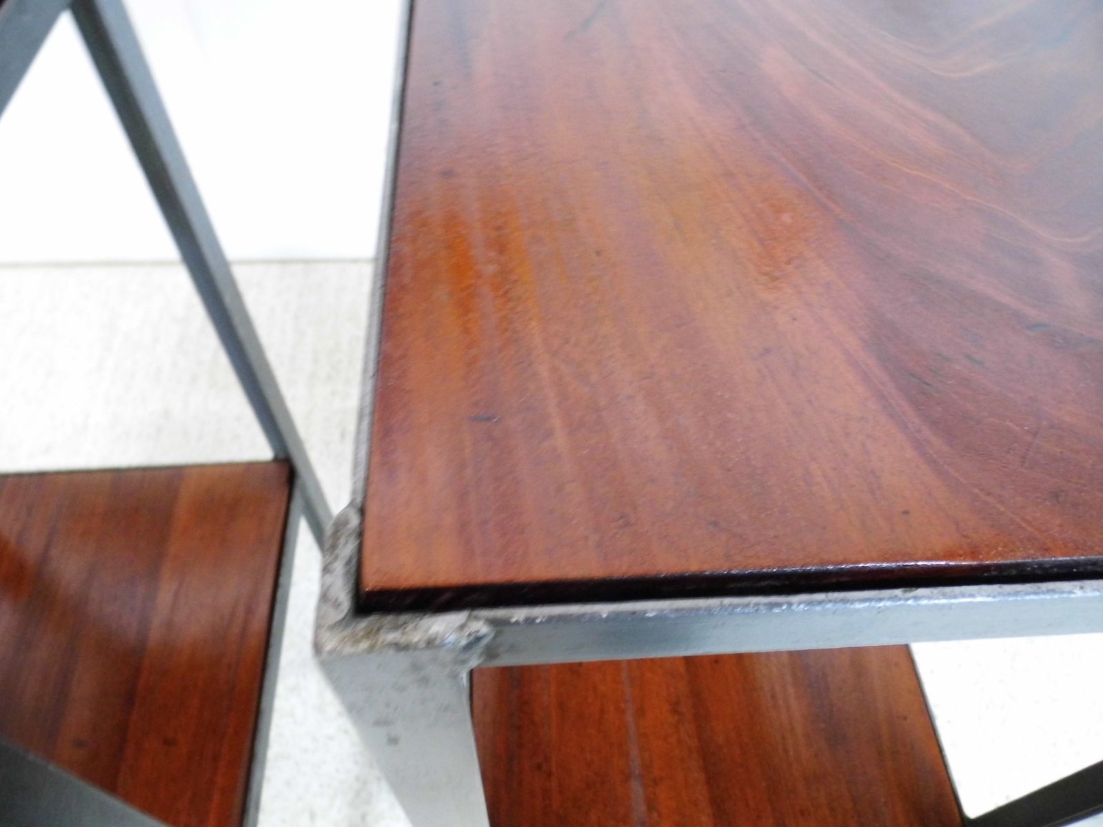 Pair Of Vintage Industrial Chic Ex Engineering Works Stands With Flamed Mahogany photo vinterior